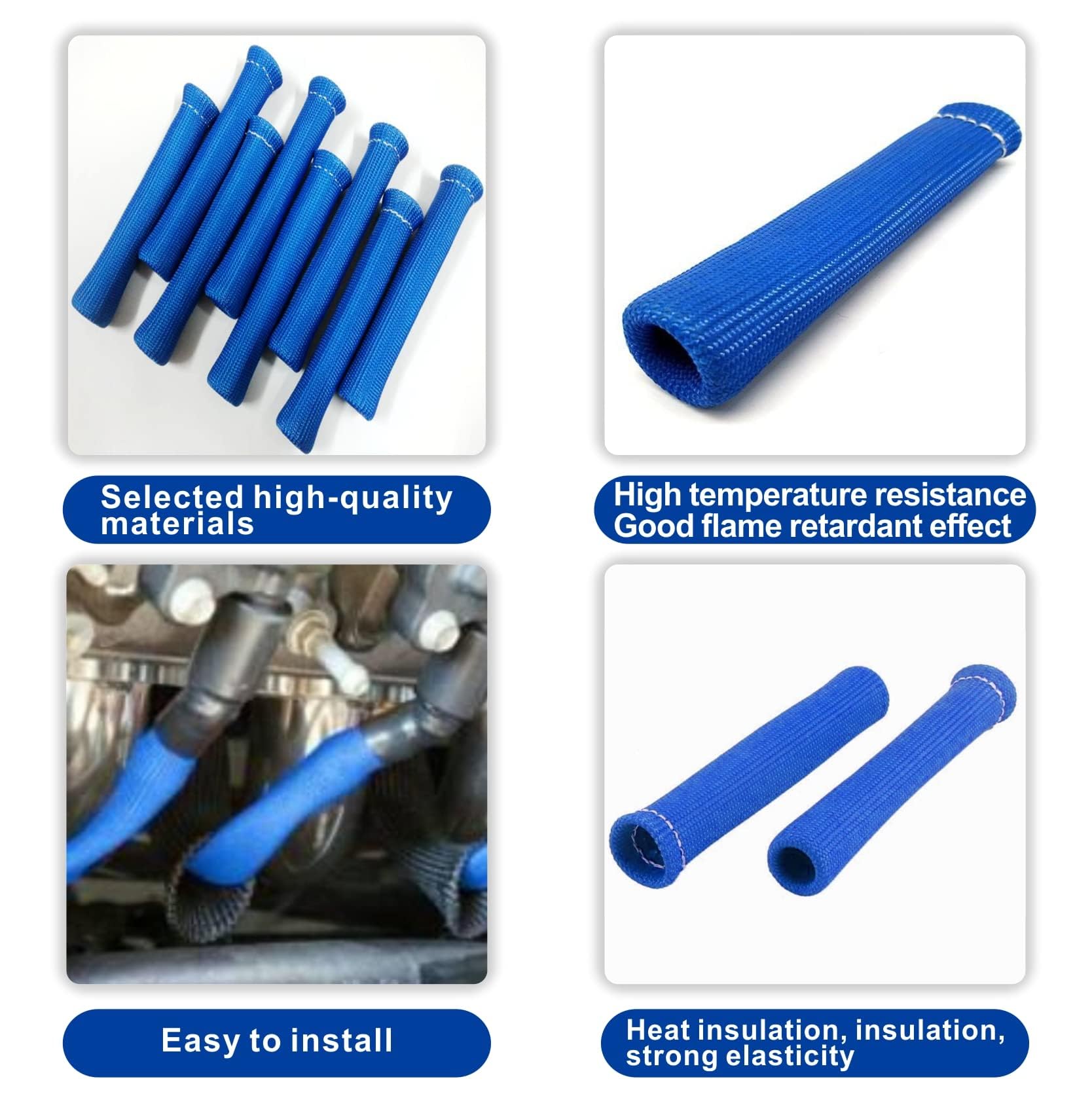 High Temp Spark Plug Wire Heat Shield Sleeve - 2500°F Protection, 8-Pack (Blue) | Durable Engine Wire Cover for Racing, Off-Road & Performance Vehicles