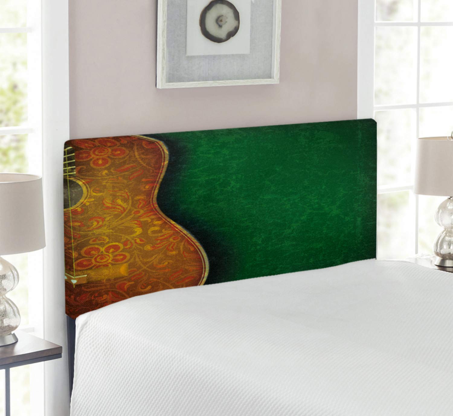 Ambesonne Vintage Floral Guitar Headboard - Acoustic Instrument Pattern with Distressed Wall Design, Upholstered Metal Bed Frame with Memory Foam - Twin Size in Emerald, Orange & Yellow - Perfect for Music Lovers' Bedroom Decor & Bohemian Style Homes