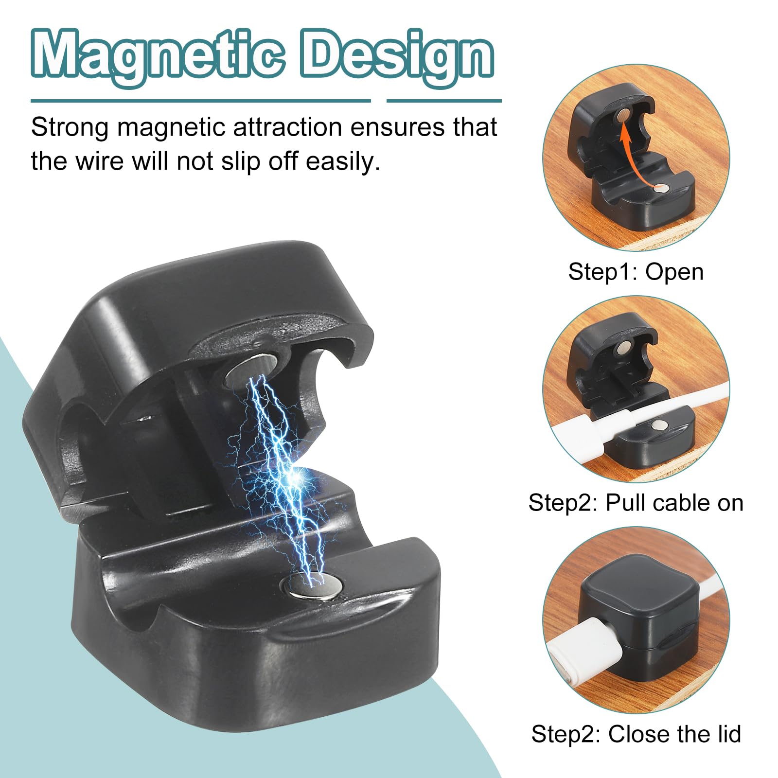 uxcell 6-Pack Magnetic Cable Clips - Adhesive Cord Organizer Holder for Desk, Wall & Nightstand - Black Rectangle Wire Management for Home & Office Use - Perfect for Organizing Phone Chargers, Headphones & USB Cables
