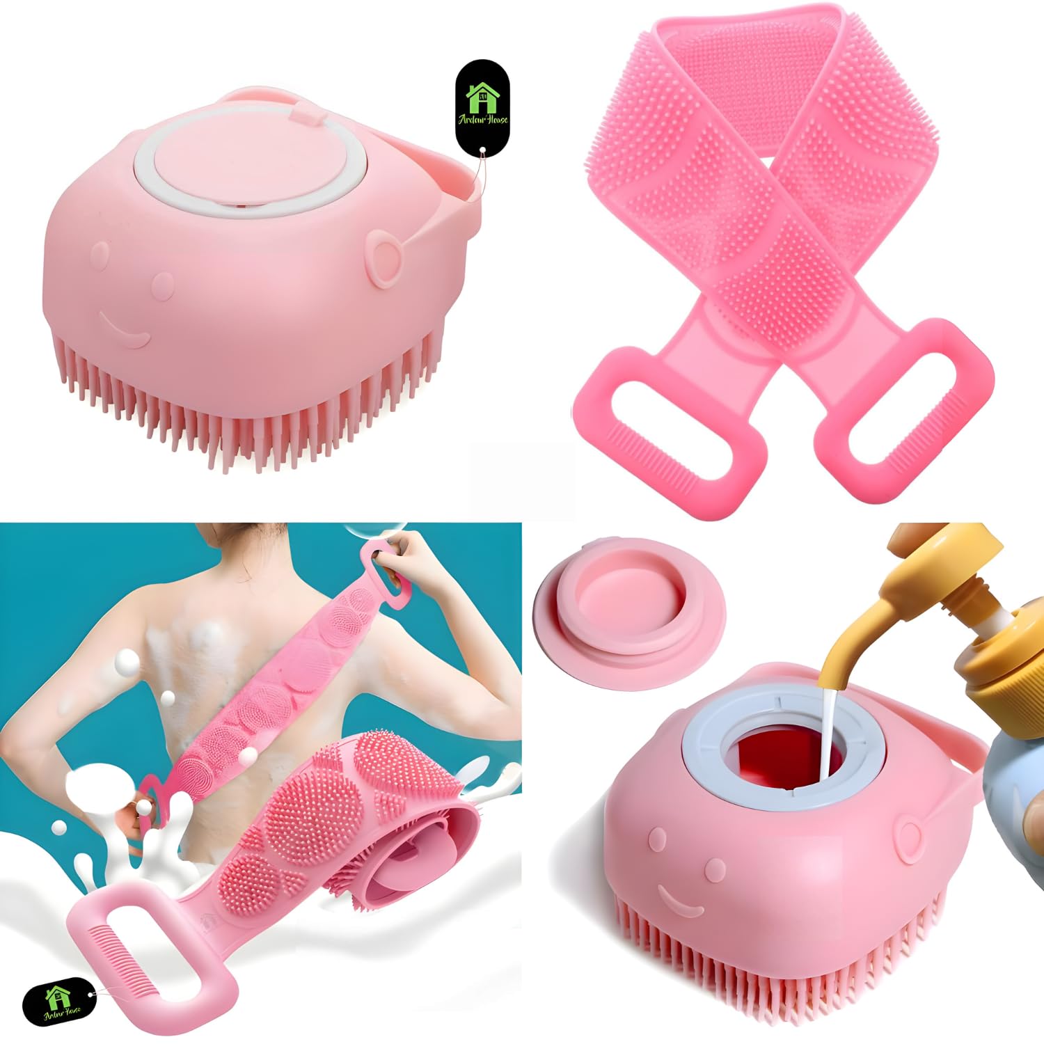 Soft Silicone Body Bath Brush Set with Shampoo Dispenser & Back Scrubber - 2 Piece Combo for Kids, Men & Women (Multi Color) - Gentle Exfoliation & Deep Cleaning for Shower, Bath & Spa Days