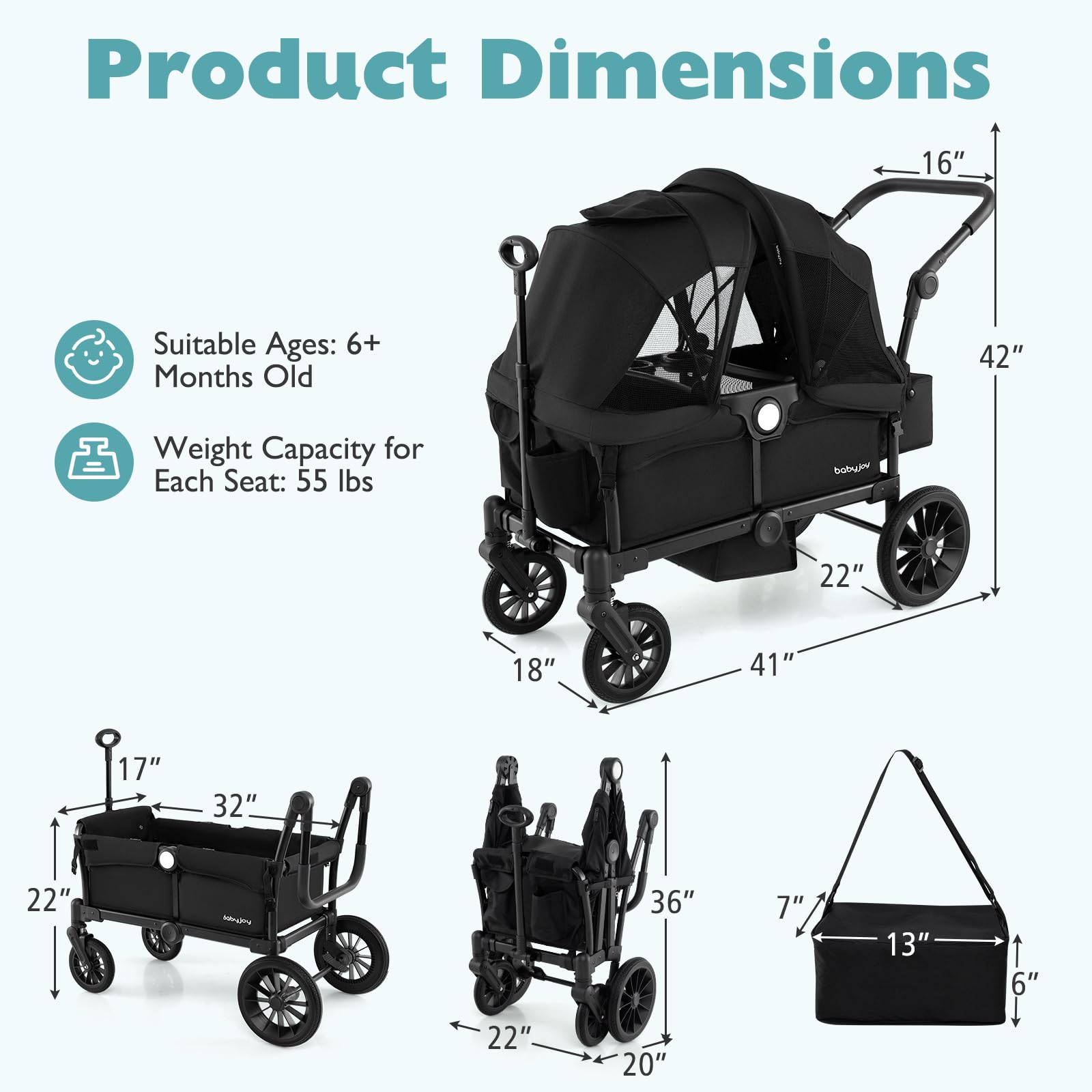 **BABY JOY Double Stroller Wagon for 2 Kids - Foldable Push Pull Wagon with Adjustable Handle, Removable Canopy, Safety Harness, Cup Holder & Snack Tray - Perfect for Outings, Beach, Park & Shopping (Black)**