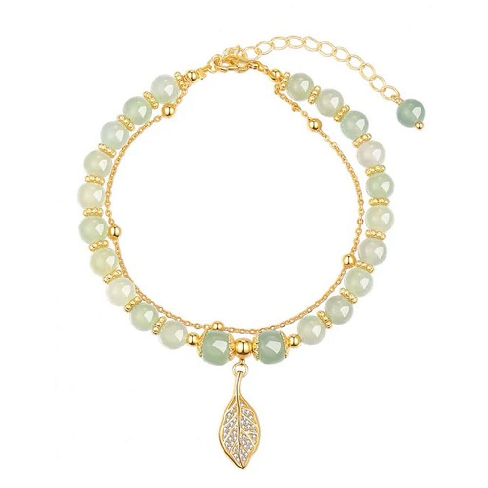 Premium Hetian Jade Gold Leaf Bracelet for Women - Natural Double Layer Adjustable Classic Bracelet - Elegant Chinese Jade Jewelry for Daily Wear & Special Occasions