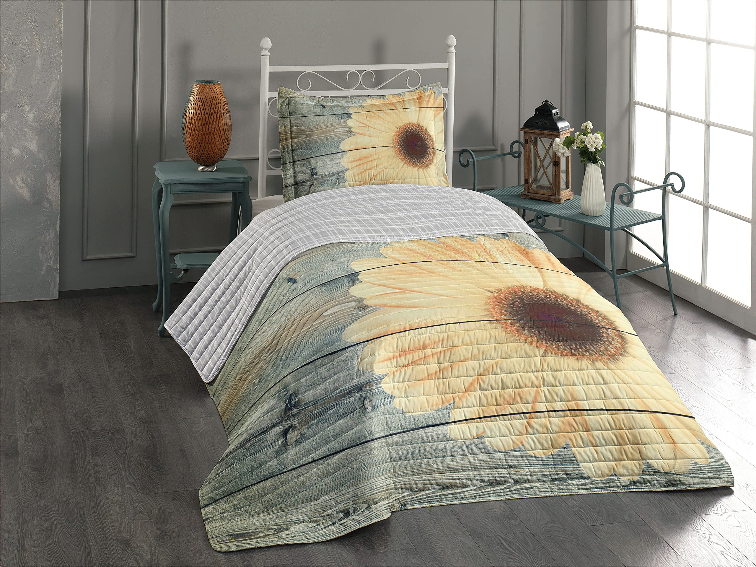 Ambesonne Reversible Floral Bedspread Set - Rustic Wooden Planks Sunflower Oak Tree Daisy Gerbera Country Theme Microfiber Bedding, Twin Size Pale Yellow Grey | Perfect for Farmhouse, Cottage & Boho Bedroom Decor