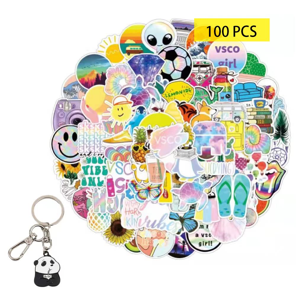 100 PCS Aesthetic Vinyl Stickers with Panda Keychain - Waterproof Cute Stickers for Water Bottles, Laptops, Hydro Flasks, Skateboards & Phones - Perfect for VSCO, Teens, Adults & Kids - Great for School, Travel & DIY Decoration