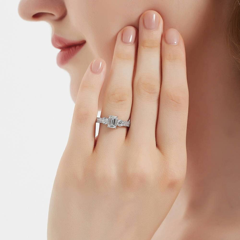 BERRICLE Sterling Silver 3-Stone Wedding & Engagement Ring - 1 Carat Emerald Cut Cubic Zirconia CZ Promise Ring for Women, Rhodium Plated (Size 4-10) - Perfect for Proposals, Anniversaries & Special Occasions
