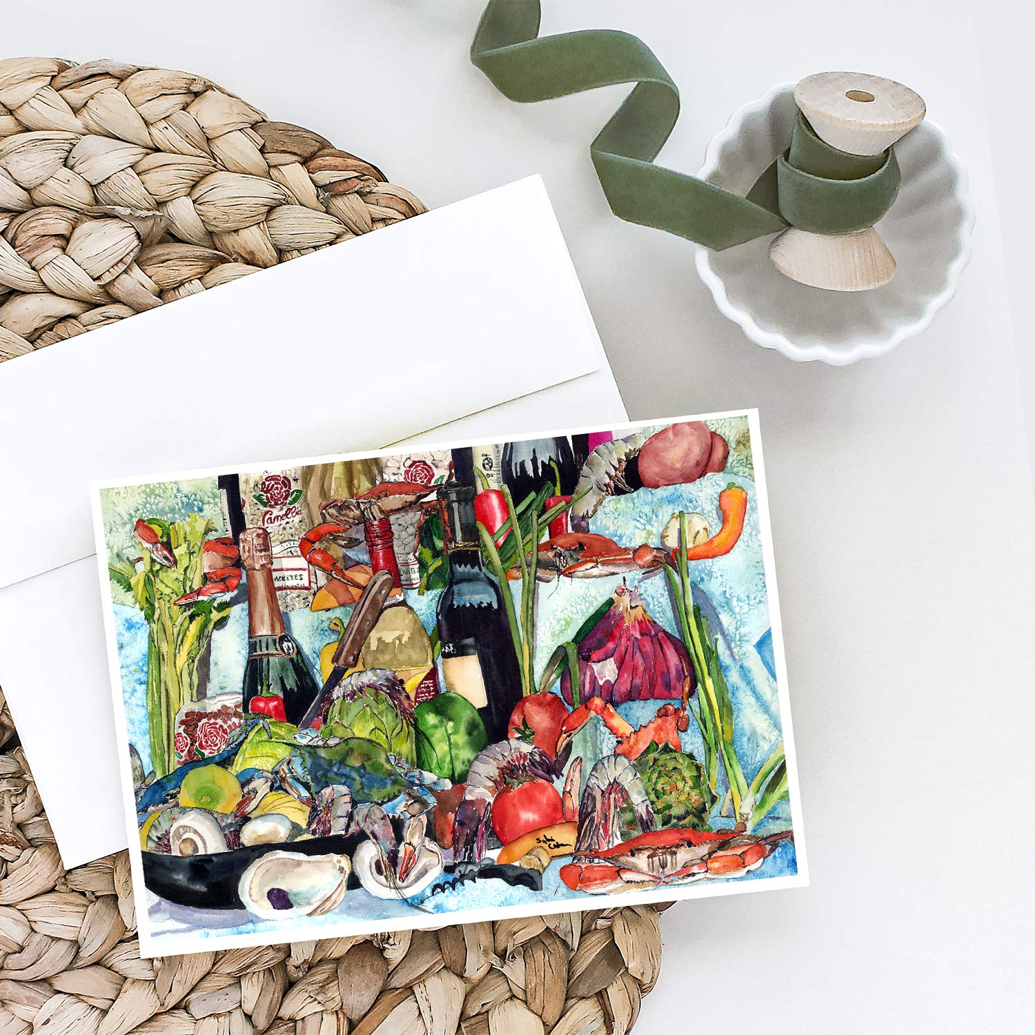 Caroline's Treasures 8915GCA7P Whimsical Wine Crab Shrimp Oysters Blank Greeting Cards - Pack of 8 A7 Size 5x7 Note Cards with Envelopes | Perfect for Seafood Lovers, Birthday Wishes & Thank You Notes