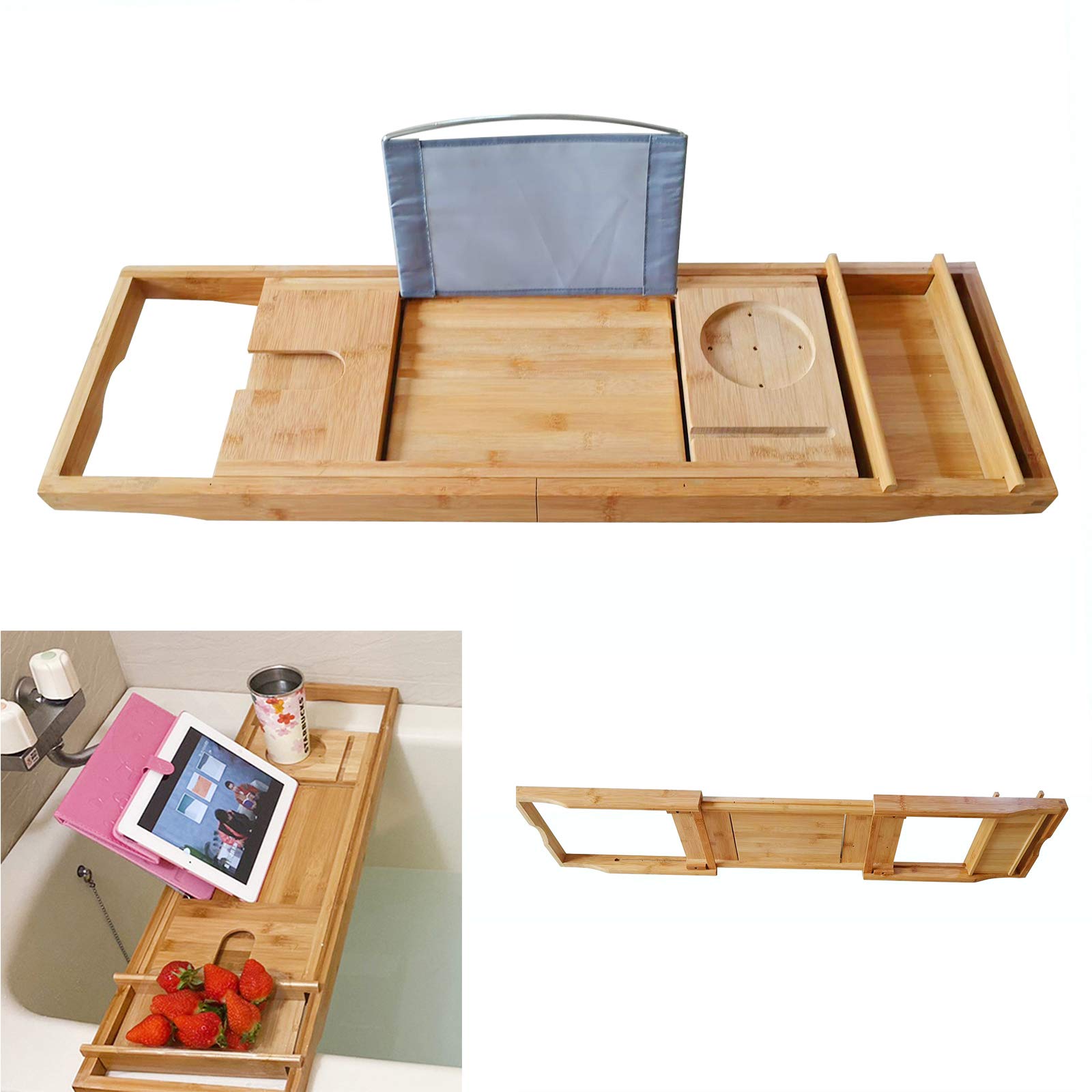 TBVECHI Bamboo Bathtub Tray with Tablet Holder - Retractable Bath Shelf for Spa Relaxation, Reading & Wine - Waterproof Bamboo Bathtub Caddy for Bathroom Storage & Organization