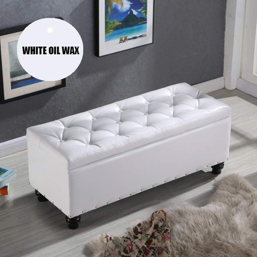 WSHIRONG White Leather Storage Ottoman Bench - 15.7 Inch Footrest Stool with 400lb Weight Capacity for Living Room, Bedroom & Hallway - Multi-Functional Seat, Toy Box & Shoe Storage Furniture