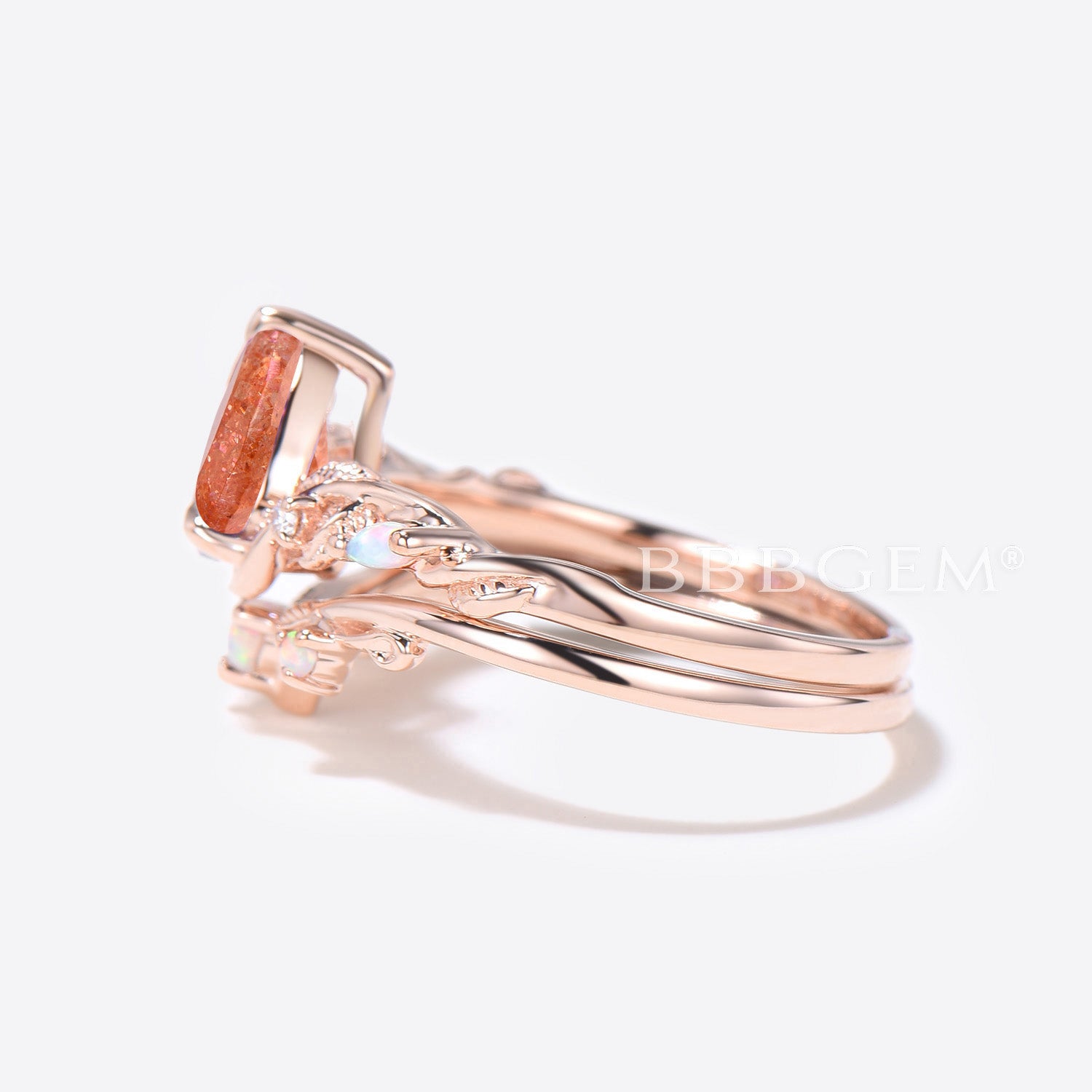 Twig Vine Pear Shaped Sunstone Engagement Ring Leaf Opal Bridal Set - Elegant Nature-Inspired Wedding Jewelry for Brides & Engagement Proposals