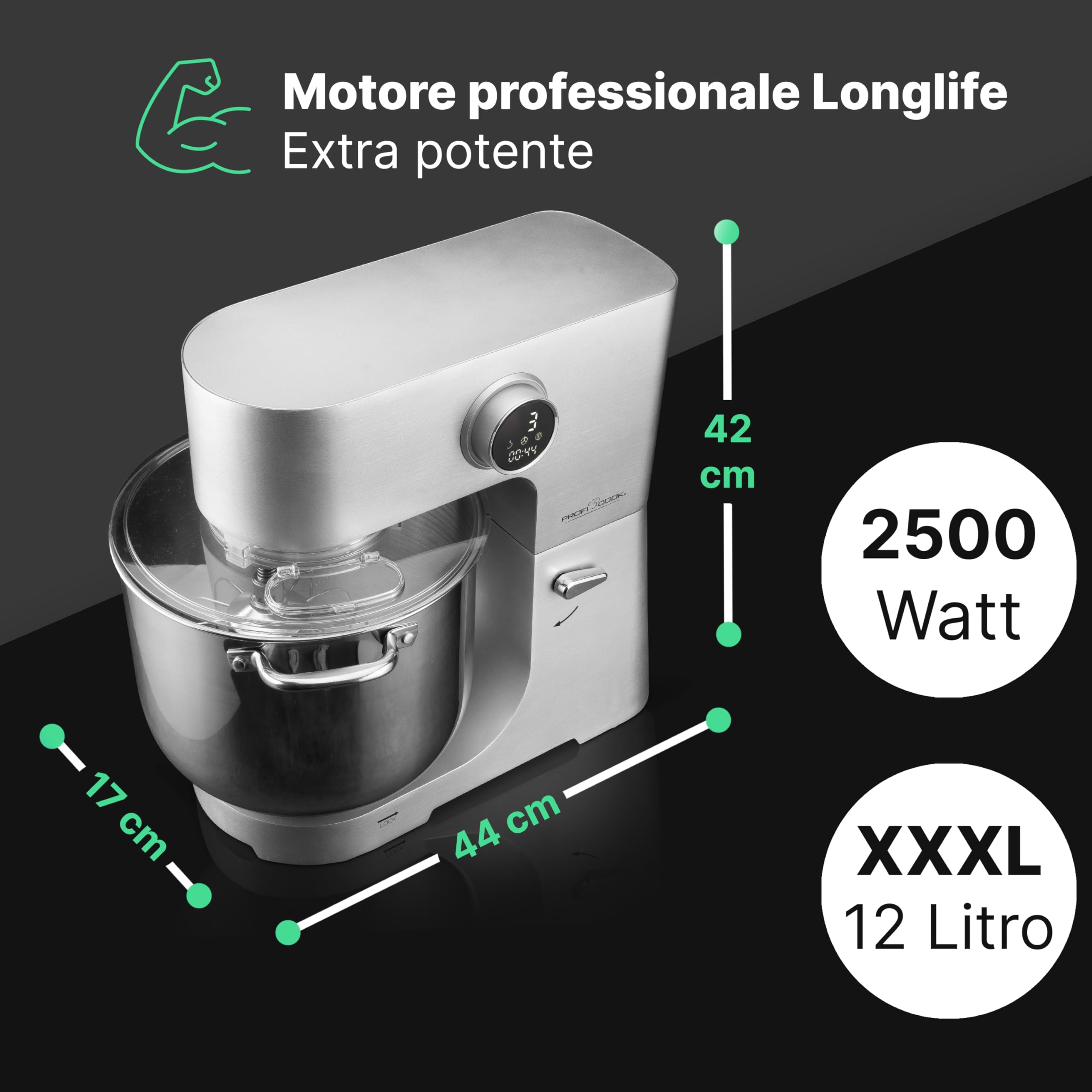 ProfiCook® 12L XXL Stainless Steel Food Processor with 2500W Longlife Motor | Heavy-Duty Dough Mixer with Metal Gears & LED Display | Handles Up to 8.5kg Dough | Perfect for Baking, Pizza Making & Large Batch Cooking (PC KM 1254)