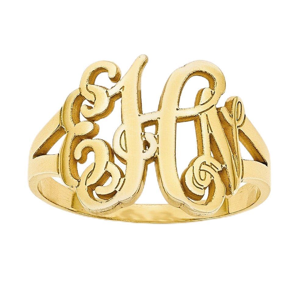 925 Sterling Silver Yellow Gold-Plated Laser Engraved Monogram Ring Band - Personalized Custom Name Initial Jewelry for Women, Gift for Her, Anniversary, Wedding, Engagement, Valentine's Day