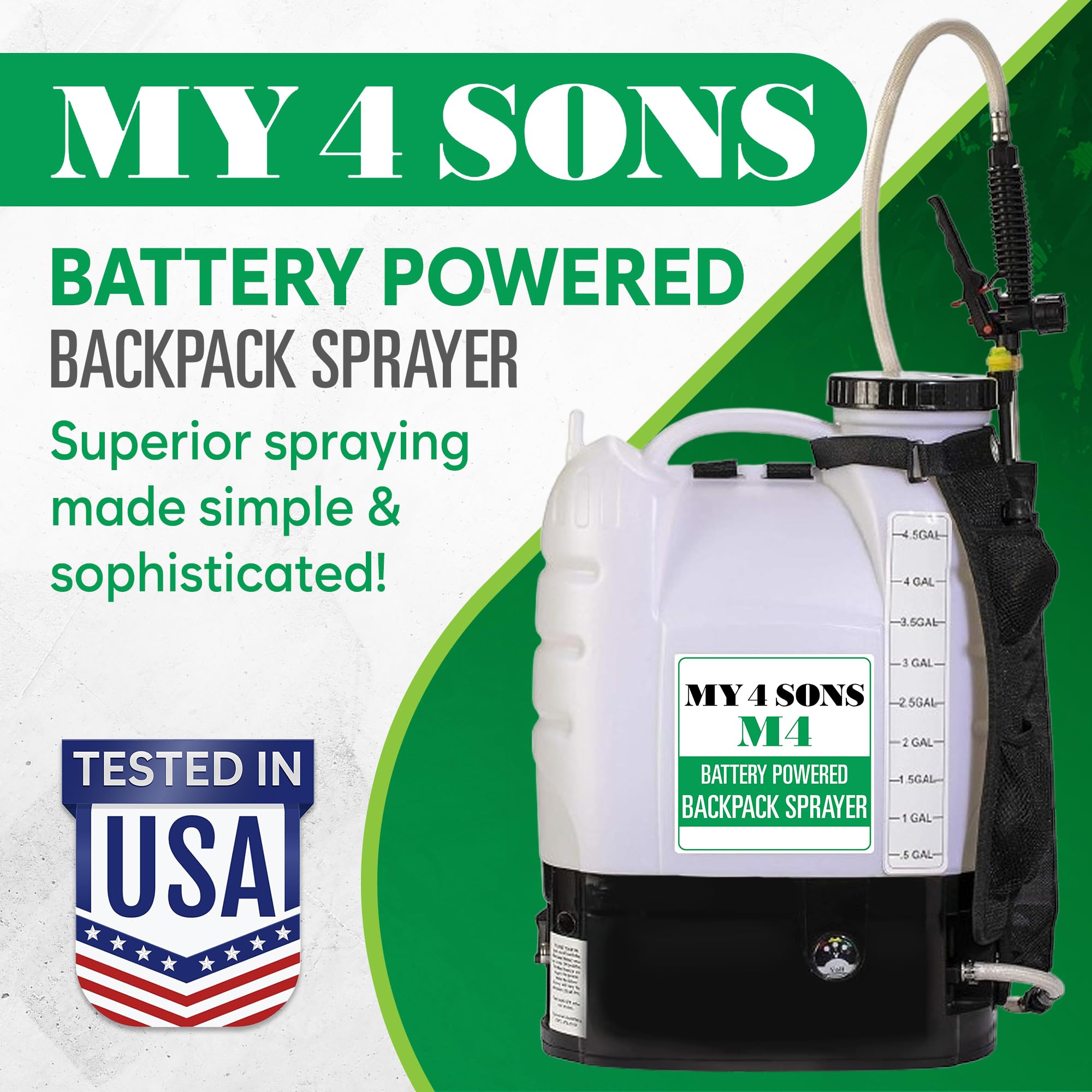 MY4SONS M4 Cordless Battery Powered Backpack Sprayer - 4 Gallon Capacity with 15ft Hose, Includes Rechargeable Battery & Charger, Adjustable Stainless Steel Nozzles - Perfect for Lawn Care, Garden Spraying, Pest Control & Agricultural Use - Silver (Model M4)