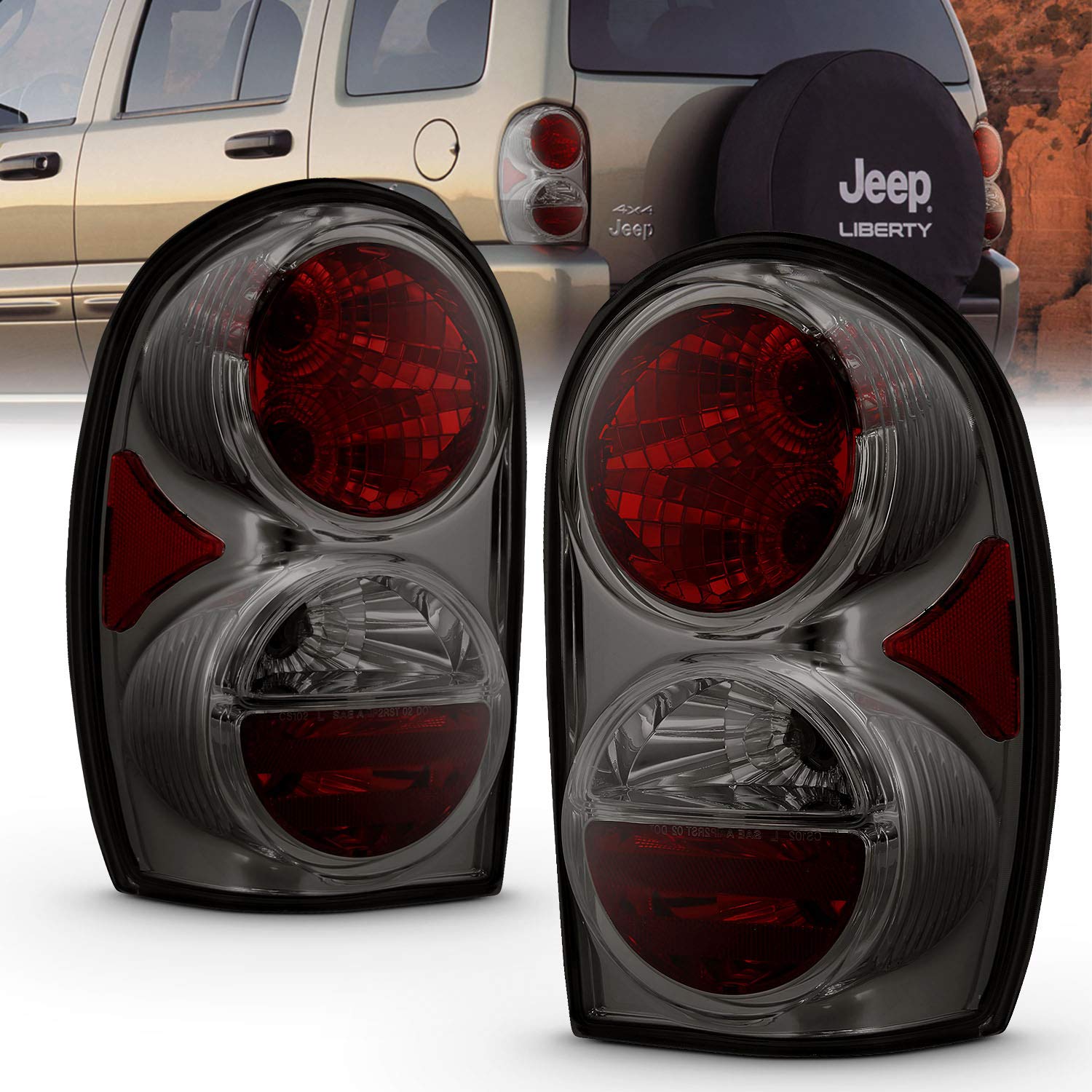 AmeriLite Replacement Smoke Brake Tail Lights Set for 2002-2007 Jeep Liberty SUV - Left & Right Side (Driver & Passenger) - Durable & Stylish Upgrade for Off-Roading & Night Driving