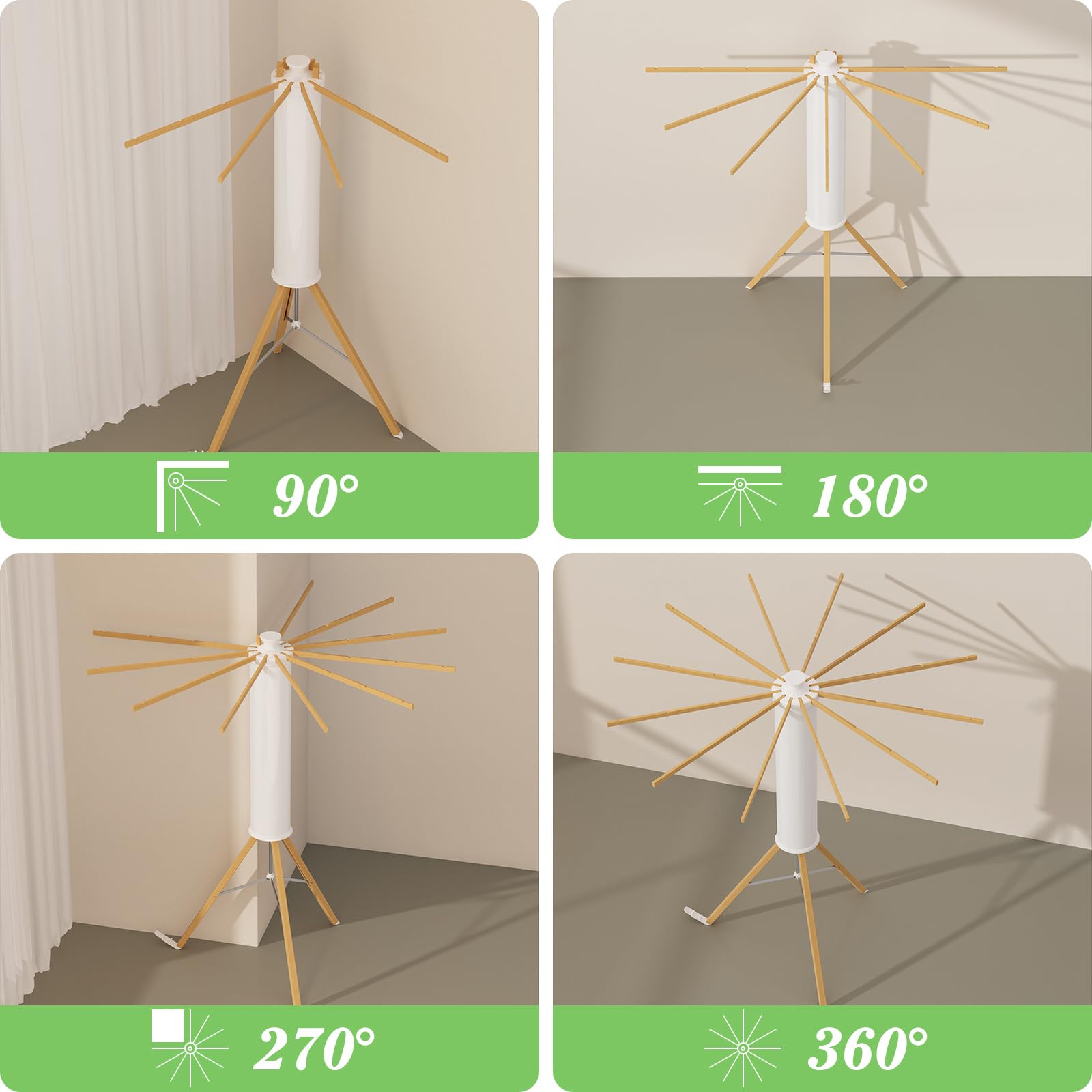 Portable Foldable Tripod Drying Rack with 12 Wooden Arms - Collapsible Standing Laundry Hanger for Clothes, Towels & Delicates | Perfect for Laundry Room, Balcony, Bedroom, RV & Travel Use