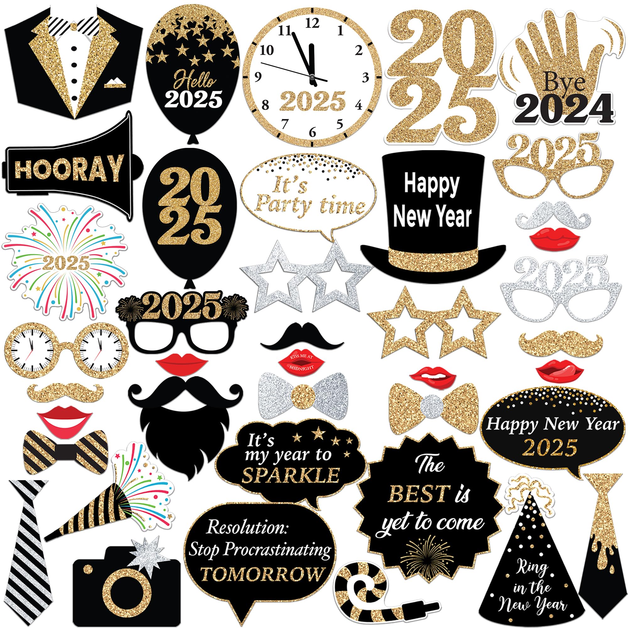 KatchOn 2025 New Year's Eve Photo Booth Props Kit - 40-Piece Set for NYE Party Decorations & Photo Backdrop Accessories | Perfect for New Year's Eve Celebrations, Countdown Parties & Social Media Photos