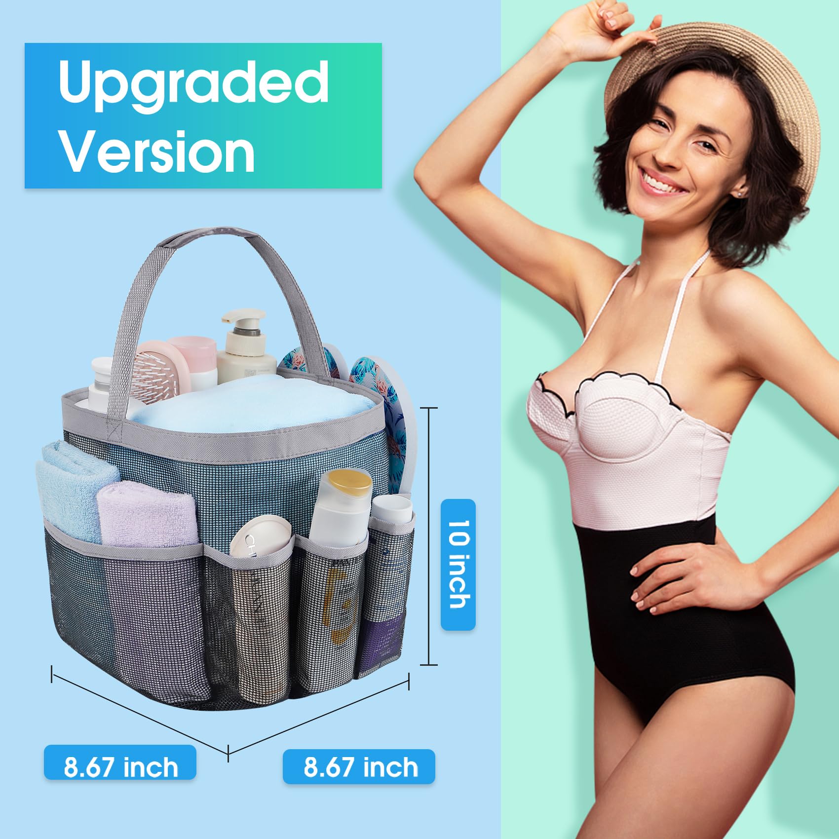Attmu Mesh Shower Caddy with 8 Pockets - Portable Hanging Shower Organizer for College Dorm Bathroom Essentials - Quick Dry Shower Bag for Toiletries, Travel & Camping Use