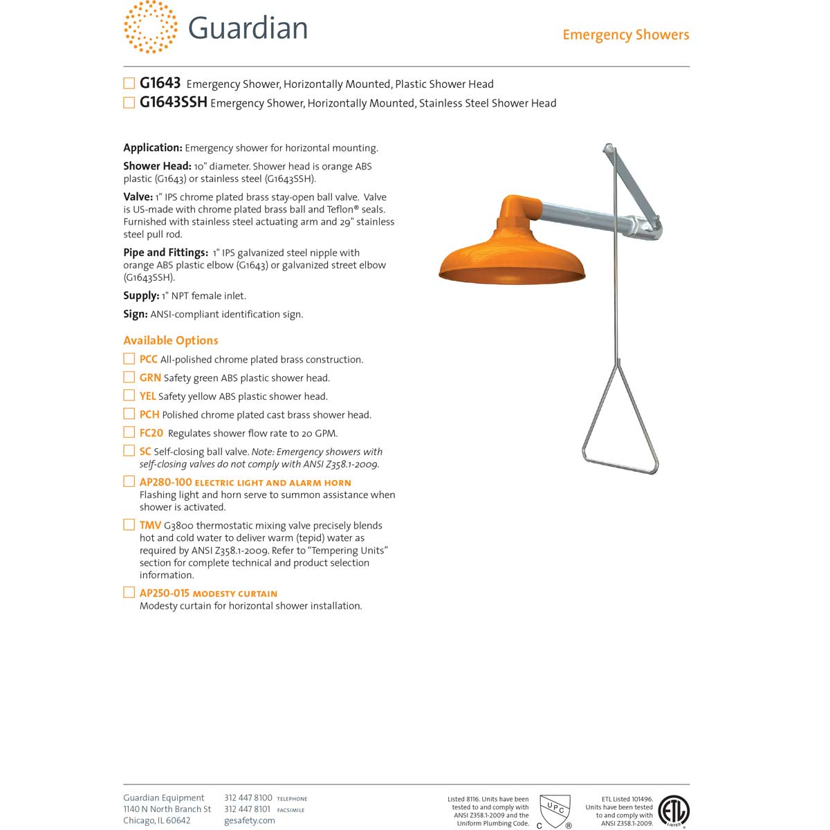 Guardian G1643SSH Stainless Steel Emergency Drench Shower - Horizontal Mount Safety Shower for Laboratories & Industrial Use