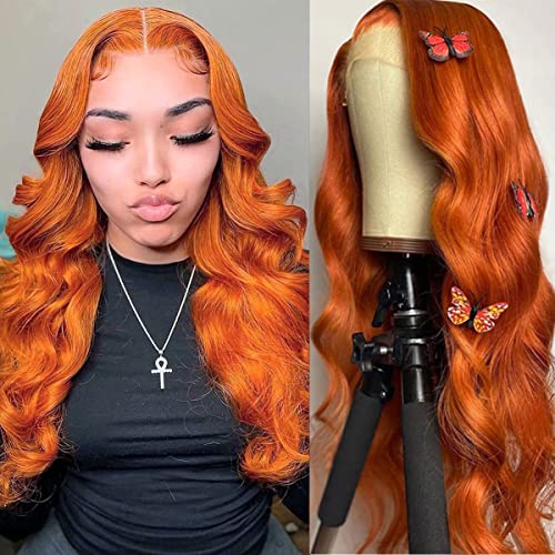 LAINSS 16 Inch Human Hair Lace Front Wigs for Black Women - Ginger Orange Body Wave 13x4 HD Lace Frontal Wig | Pre-Plucked, Glueless, 350# Density | Perfect for Daily Wear, Parties & Special Occasions