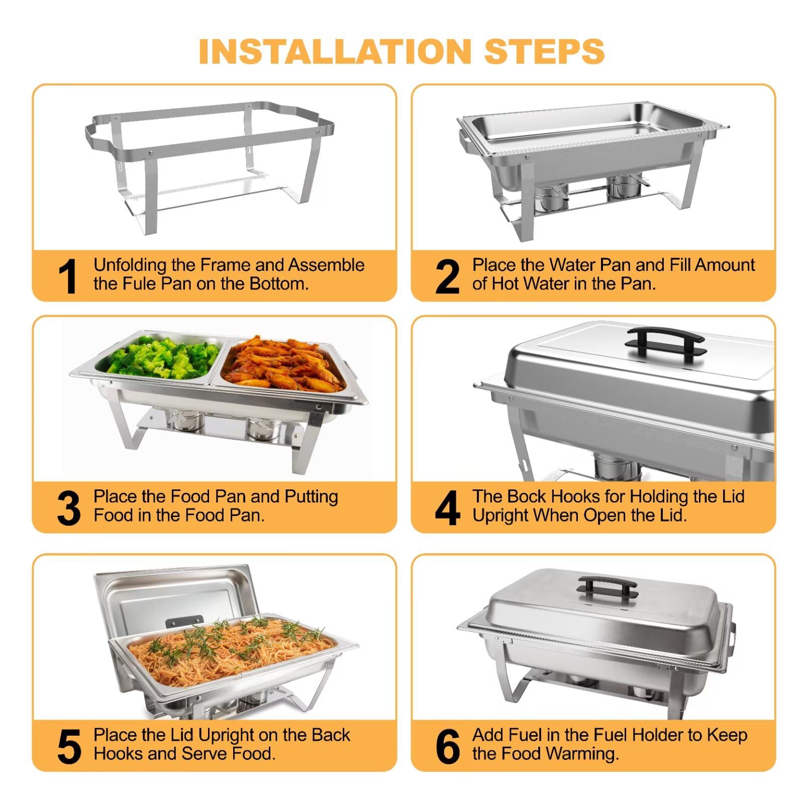 2 Pack 8QT Stainless Steel Rectangular Chafing Dish Buffet Set - Includes Full & Half Food Pans, Fuel Holder & Foldable Frame - Perfect for Catering, Weddings, Parties, Banquets & Buffet Events - Keep Food Warm for Hours