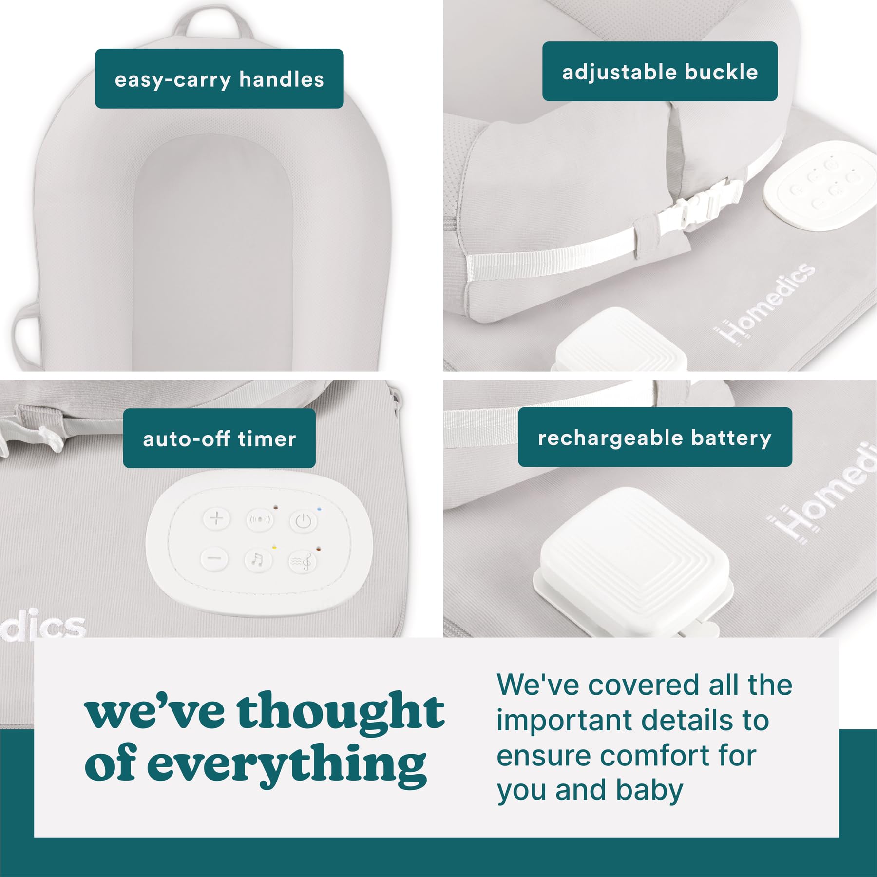 Homedics 3-in-1 Calming Baby Cushion with Soothing Sound & Vibration - Safe Cordless Rechargeable Cuddler for Newborns & Infants - Machine Washable Gray - Perfect for Nursery, Travel & Soothing Fussy Babies