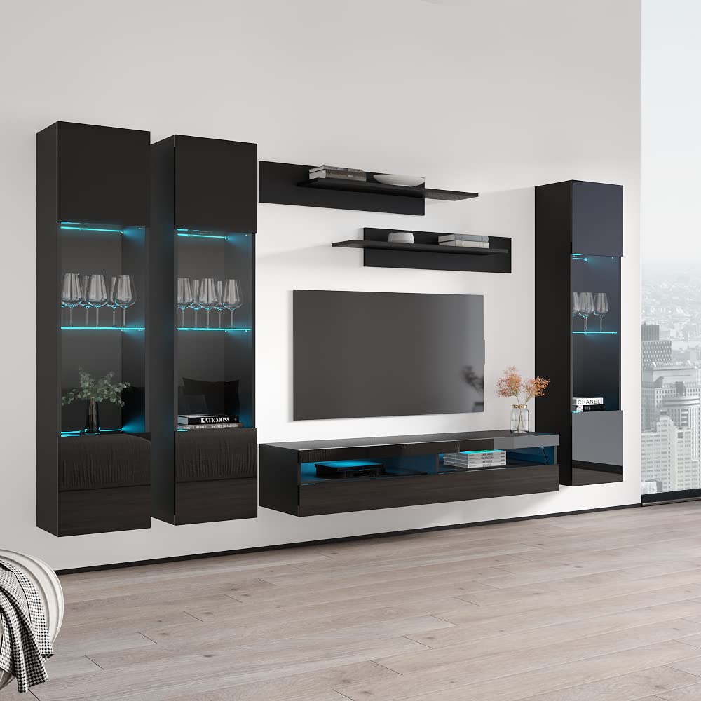Modern Floating TV Stand with Storage & LED Lights - Wall-Mounted Entertainment Center for Bedroom & Living Room - Black TV Console with Shelves - Perfect for Small Spaces & Home Theater Setup
