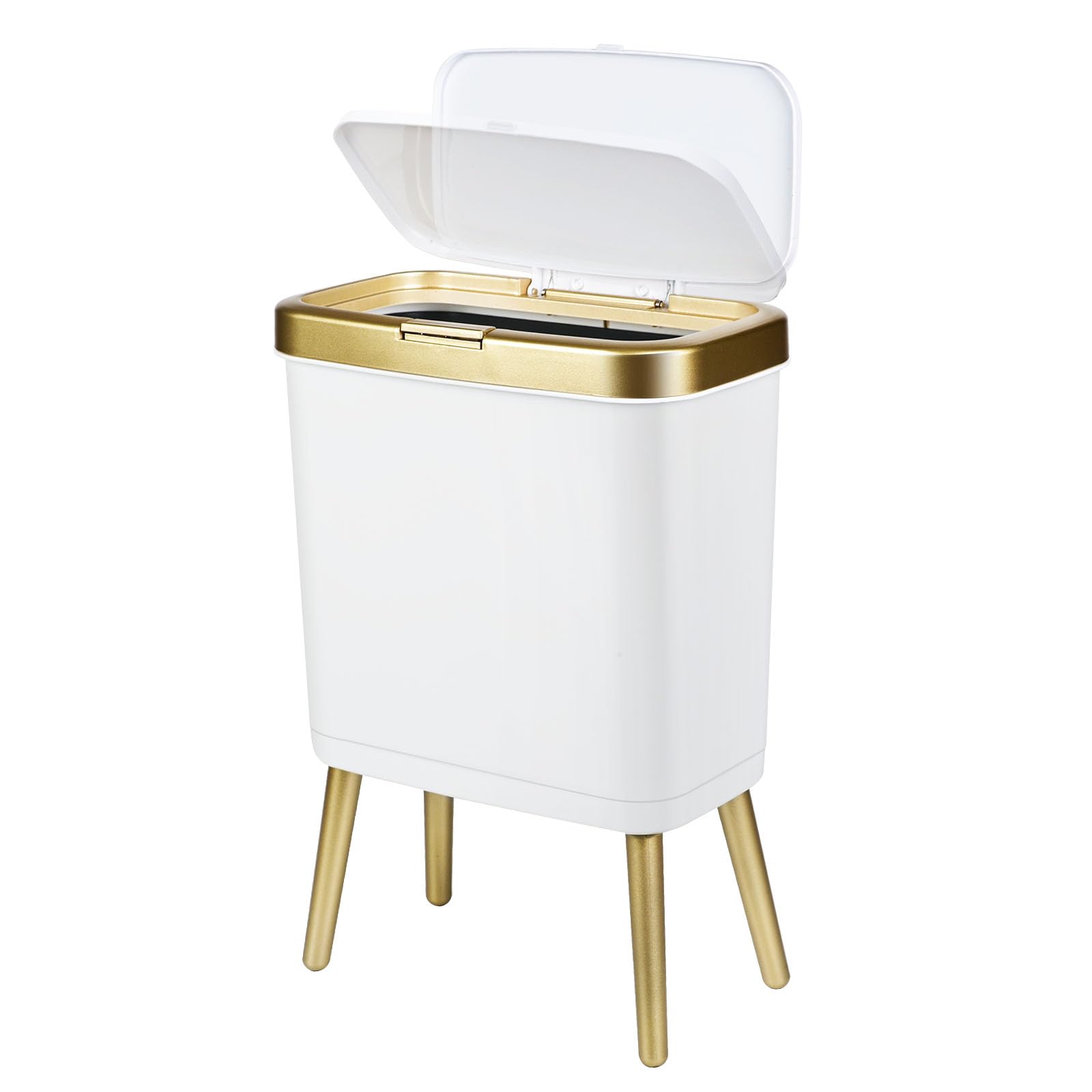 4 Gallon Slim Gold Bathroom Trash Can with Lid - Modern White Plastic Waste Basket with Legs for Kitchen, Bedroom, Living Room & Office | Perfect for Small Spaces & Home Decor