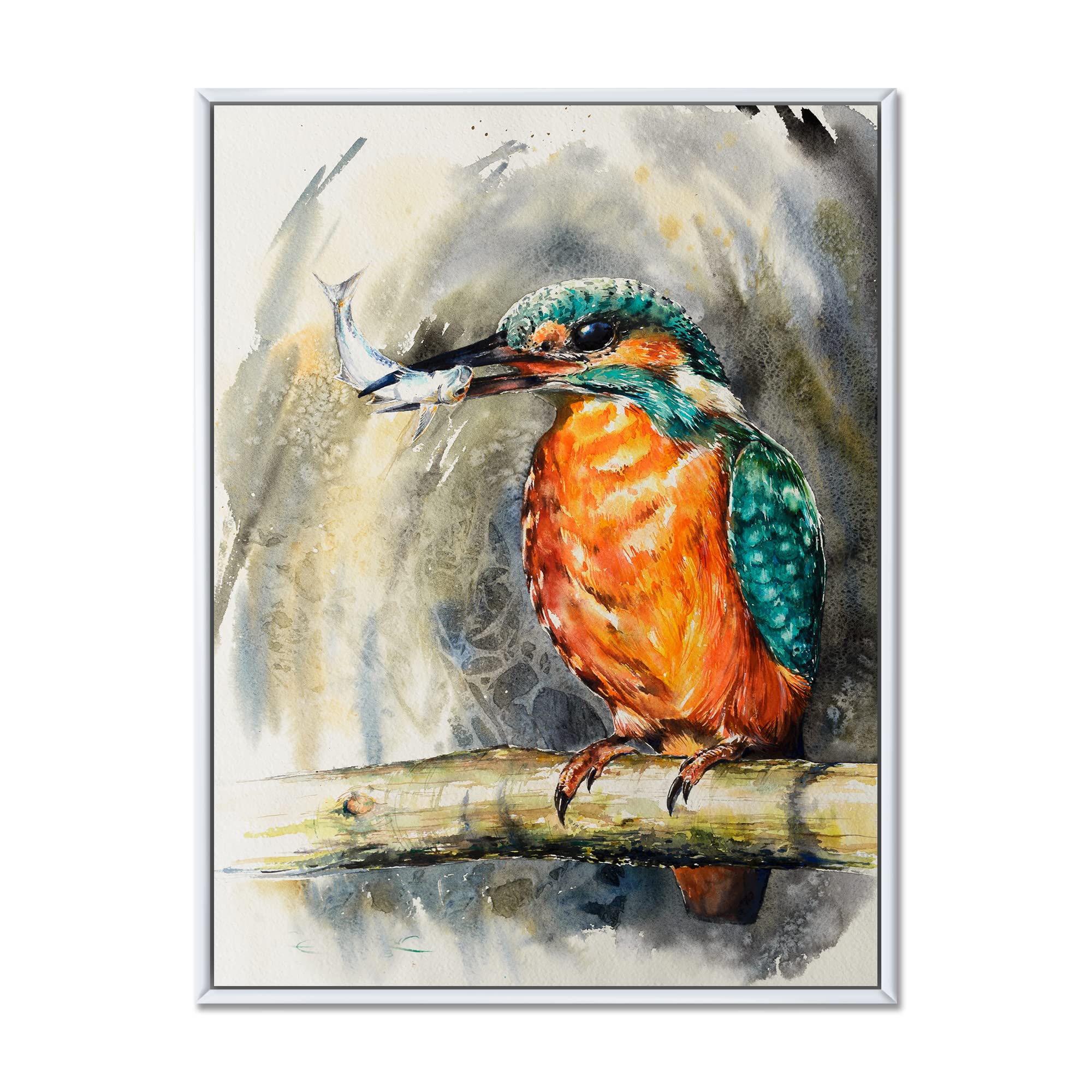 DesignQ Traditional Framed Canvas Wall Art Print - Kingfisher Eating Fish Painting, Nature Wildlife Home Decor for Living Room, Bedroom & Office