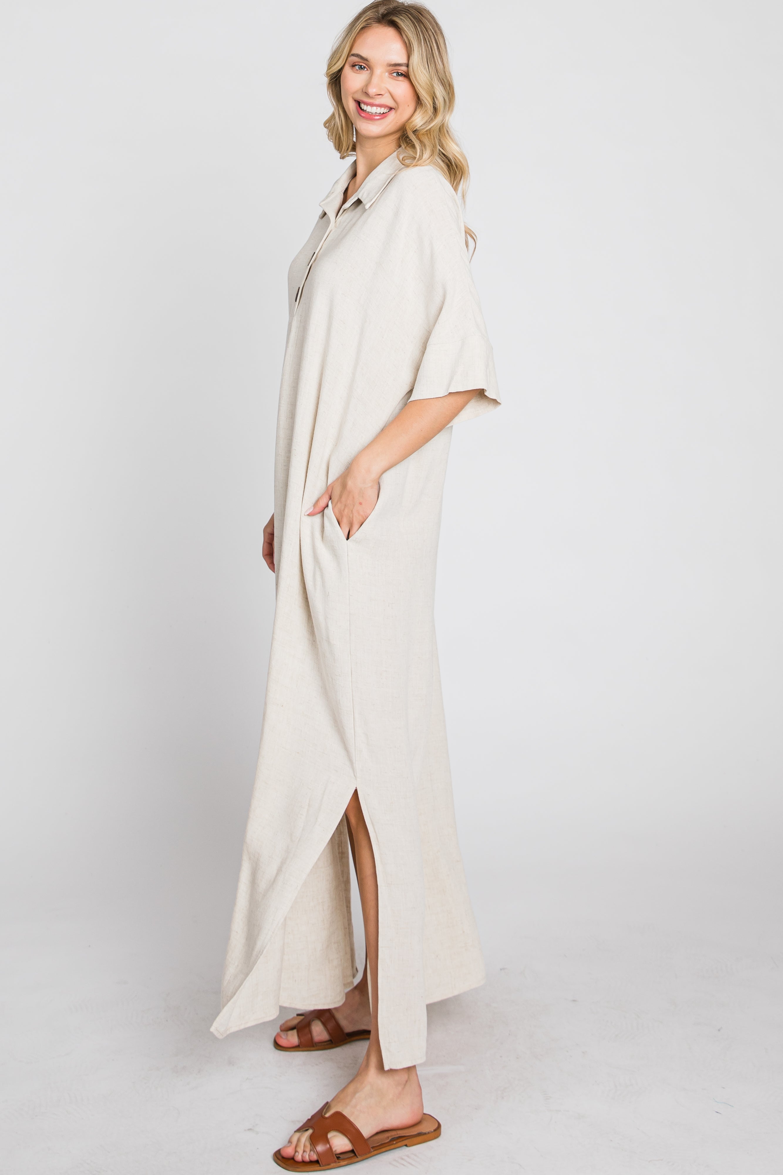 Beige Collared Linen Maxi Dress for Women - Summer Casual Long Dress with V-Neck & Pockets - Perfect for Beach, Vacation & Boho Style Outfits
