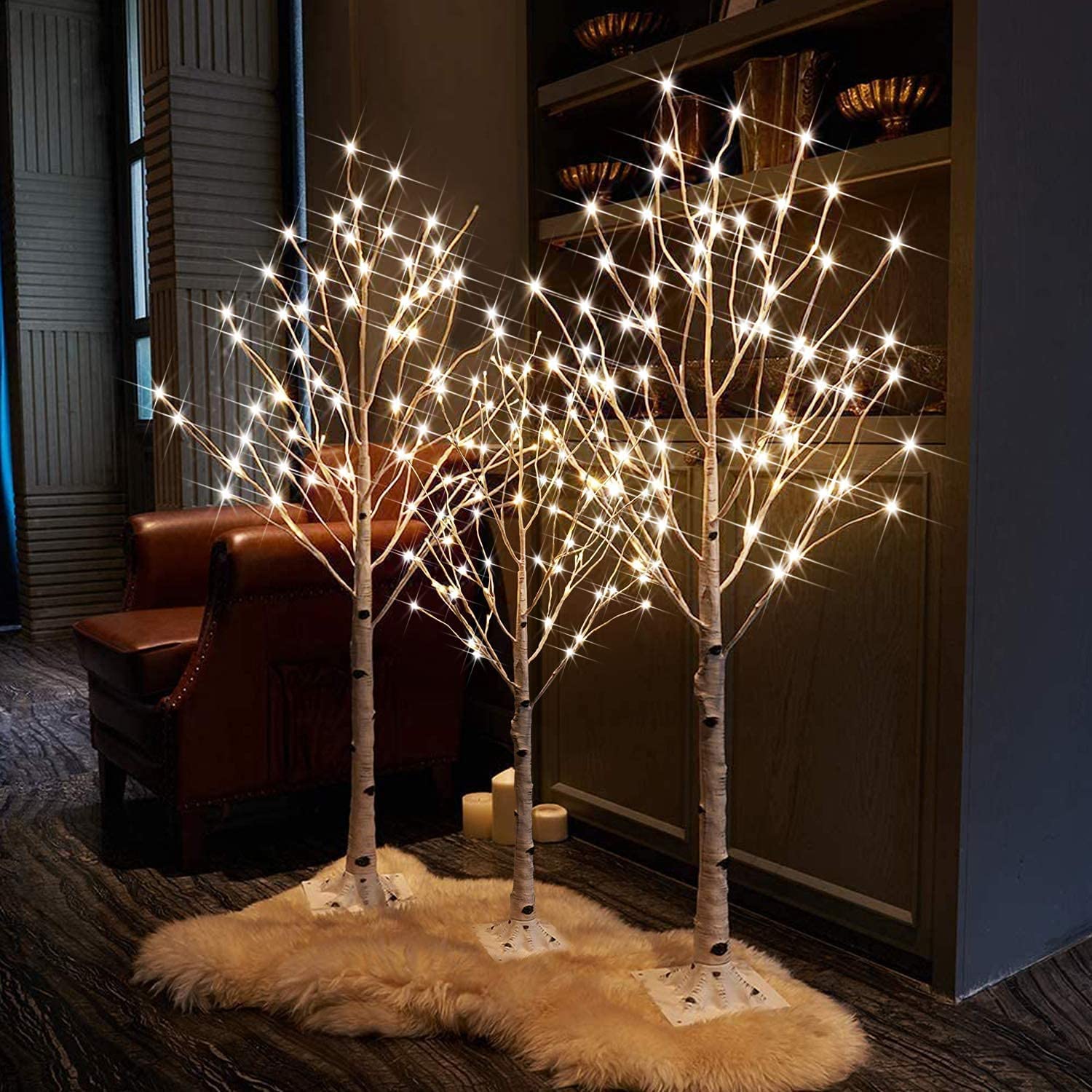 MIERES Lighted Birch Tree - Pack of 3 Prelit Christmas Trees (4ft, 5ft, 6ft) | Indoor/Outdoor LED Holiday Decor for Porch, Home, Wedding & Parties | Warm White Lights for Christmas, Easter, Summer Festivals & Seasonal Celebrations