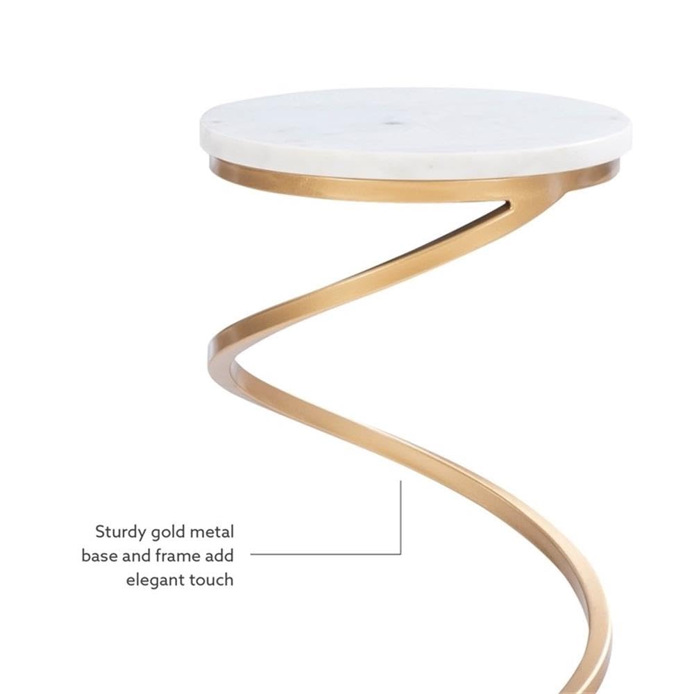 Modern Round Metal & Marble Side Table with Spiral Base - Gold/White Finish - Perfect for Living Room, Patio, or Office Decor