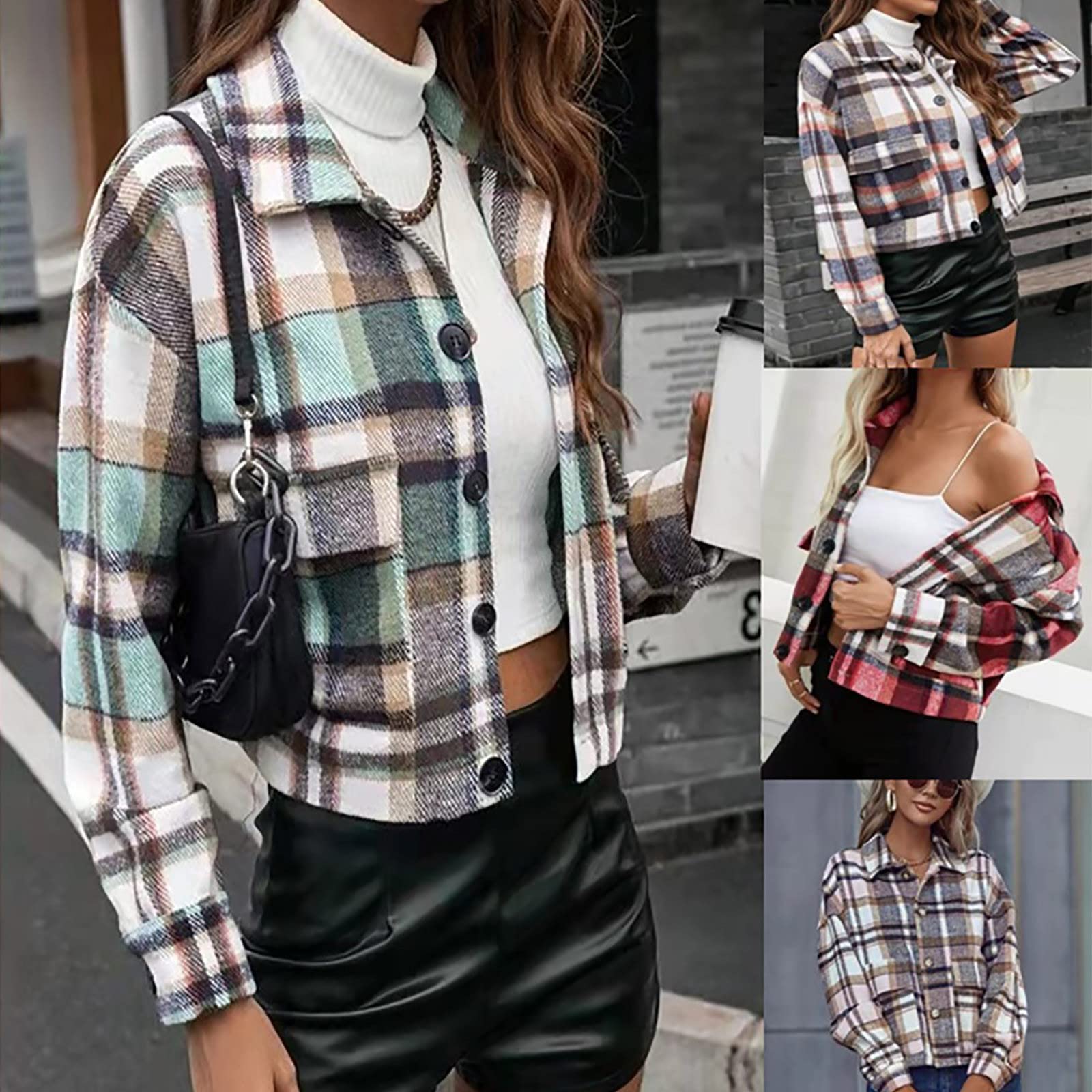 Women's Plaid Lapel Blouse - Stylish Long Sleeve Button Down Shirt with Crop Jacket Design for Spring & Fall | Casual Office Wear, Date Night Outfits & Everyday Fashion Outerwear