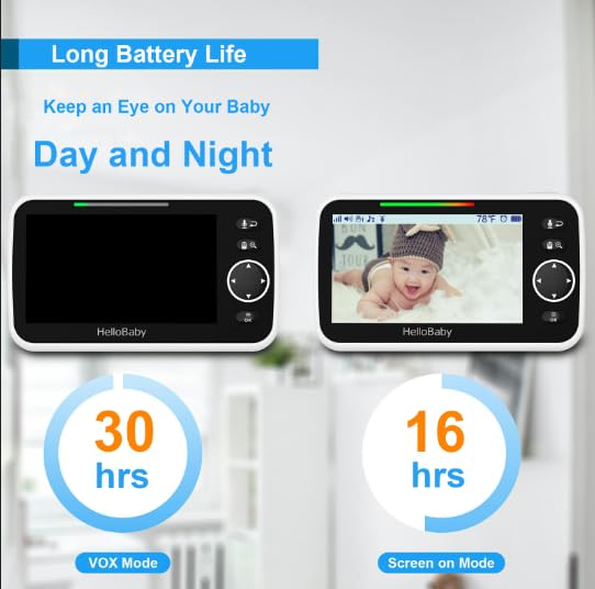 HelloBaby 5'' HD Video Baby Monitor with Camera & Audio, 30-Hour Battery Life, Flexible Crib Clip & Long Gooseneck Arm - Perfect for Nursery, Travel & Nighttime Baby Monitoring