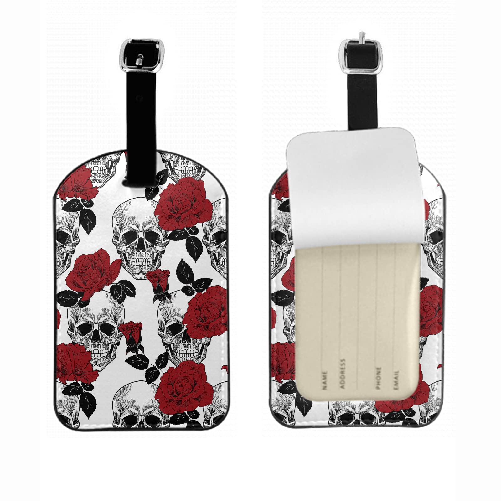 Skull and Red Roses PU Leather Luggage Tag - Gothic Horror Skeleton Flower Design ID Label for Suitcases, Backpacks, School Bags & Handbags (1 Pack) - Perfect for Travel, Halloween & Dark Aesthetic Accessories