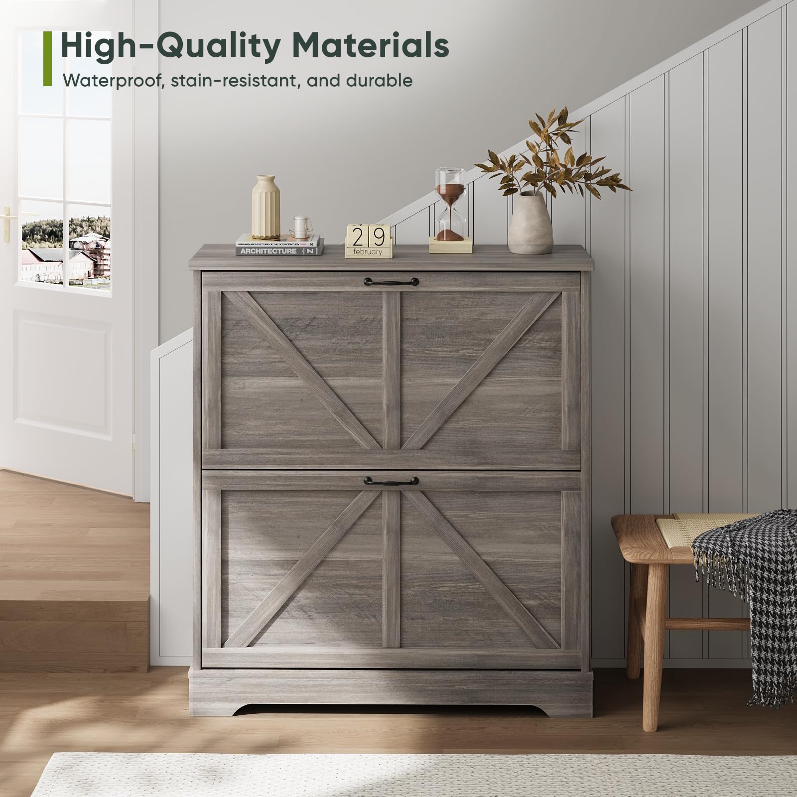 Farmhouse Shoe Cabinet with 2 Flip Drawers - Slim Entryway Storage for Shoes & Boots