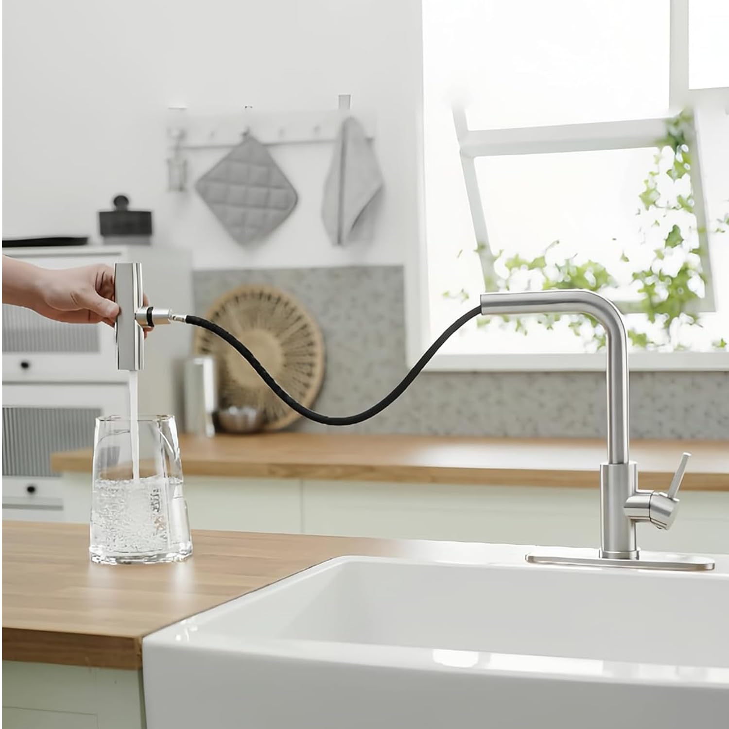 YUUTY Modern Brushed Nickel Kitchen Faucet with Pull Down Sprayer - 360° Swivel Single Handle Waterfall Sink Faucet for 1 or 3 Hole Installation (4 Function Spray Modes) - Perfect for Home Kitchen Renovation & Daily Cooking Tasks