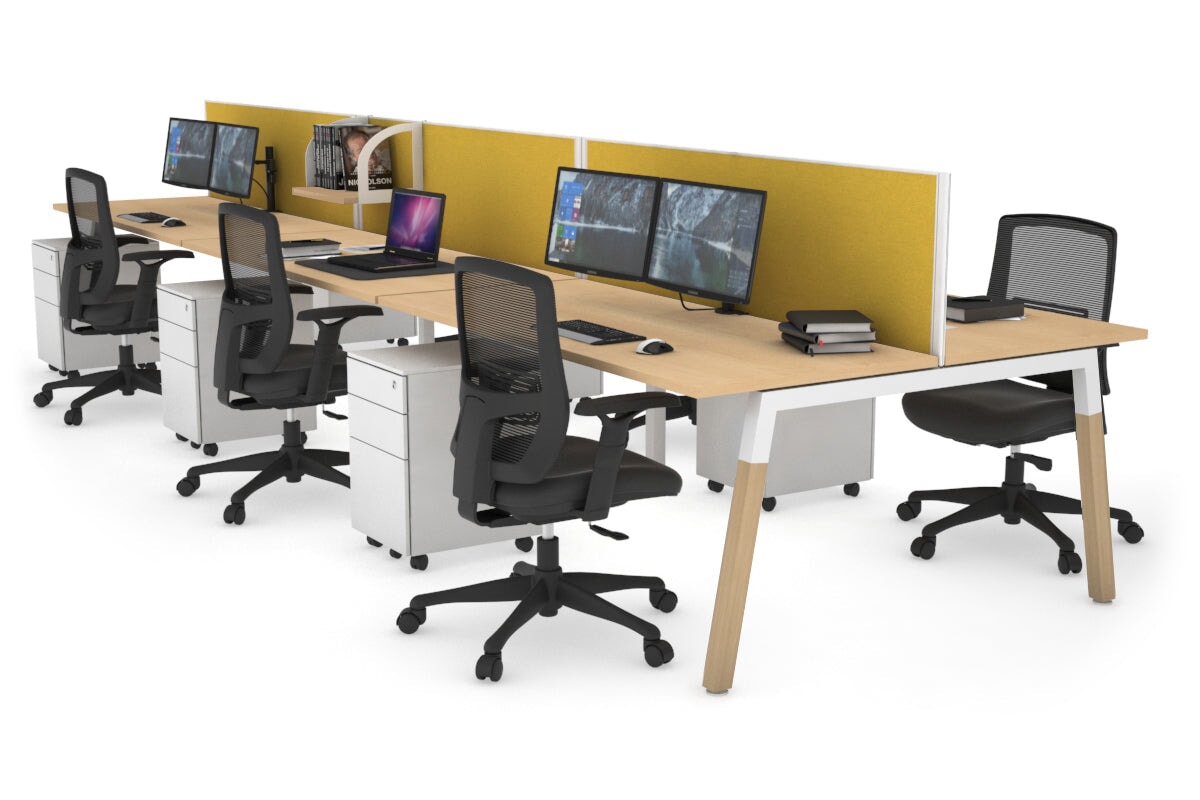 Quadro A Legs 6-Person Office Workstation with Wood Legs & Cross Beam [1200L x 700W] - Perfect for Collaborative Workspaces & Modern Office Desks
