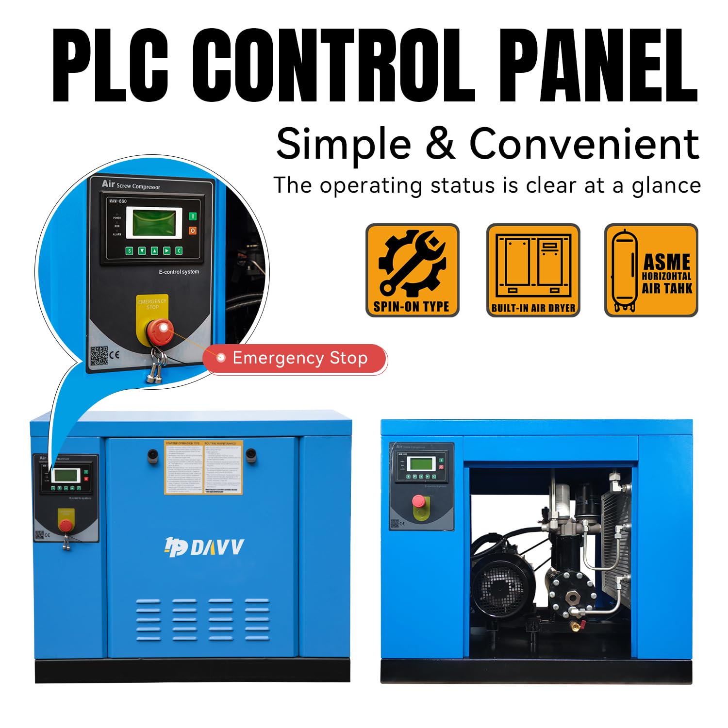 7.5KW (10HP) Rotary Screw Air Compressor - 33CFM 125PSI Industrial Air System - 460V 3-Phase 60Hz - NPT3/4