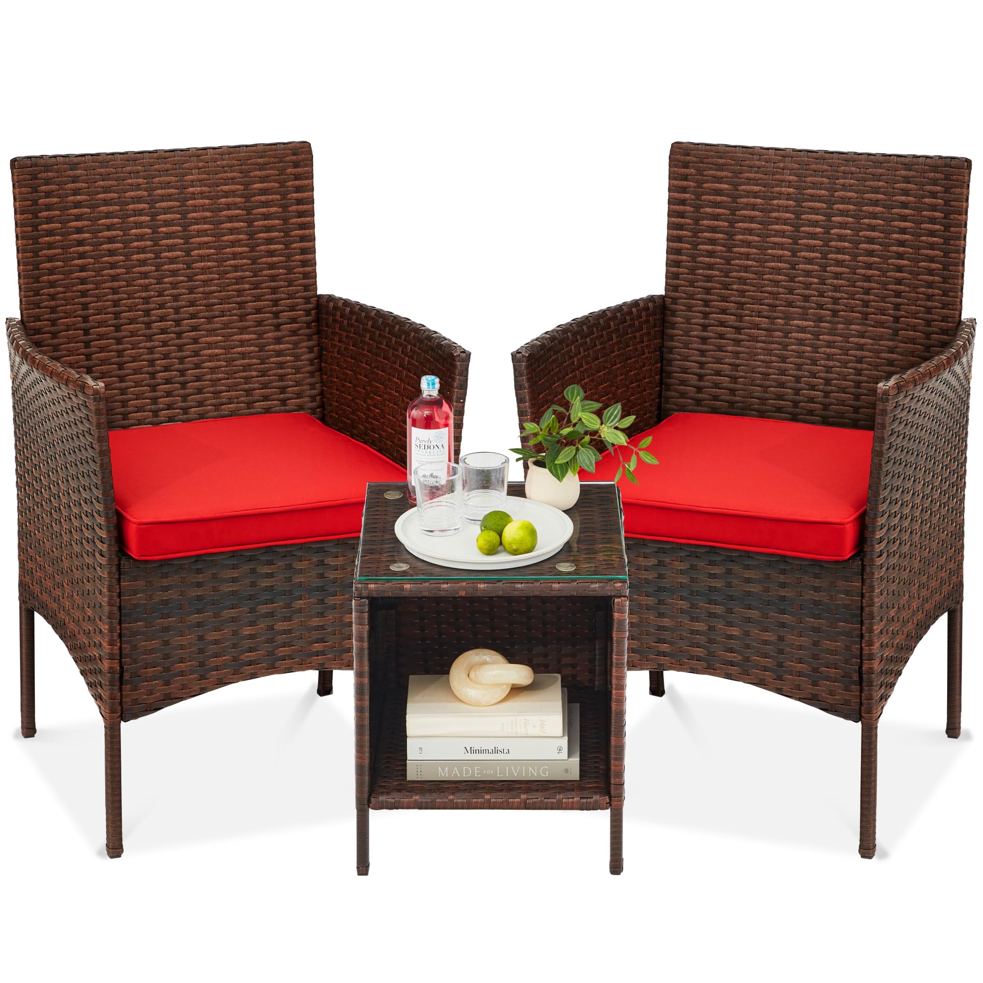 Best Choice Products 3-Piece Outdoor Wicker Conversation Bistro Set - Space Saving Patio Furniture with Side Table for Garden, Balcony or Backyard - Brown/Red Cushions - Perfect for Relaxing and Entertaining Outdoors