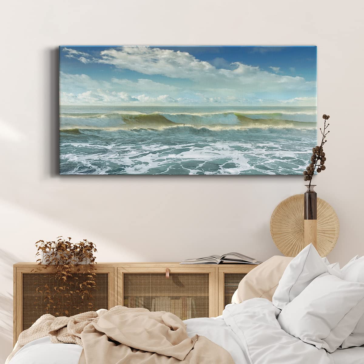 Modern Ocean Surf Canvas Wall Art - Blue Beach Landscape Print for Living Room, Bedroom, Bathroom & Office Decor - Ready to Hang 24x48 Inches - Coastal Home & Vacation House Wall Decor