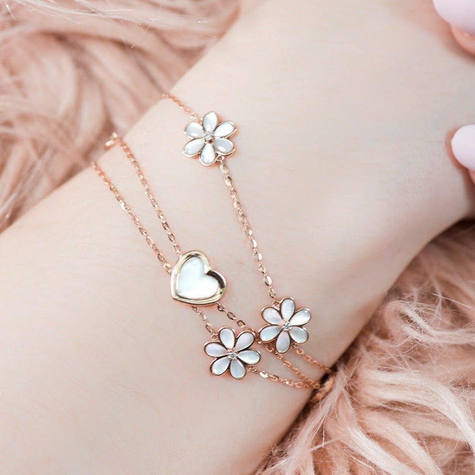 14k Rose Gold Mother of Pearl & Diamond Flower Triple Station Bracelet - Elegant Jewelry for Weddings, Parties & Special Occasions