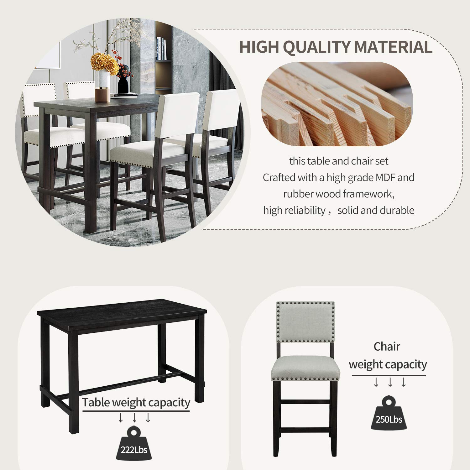 LZ LEISURE ZONE 5-Piece Counter Height Dining Set - Wood Kitchen Table & Chairs for 4 - Espresso & Beige Modern Dining Room Furniture - Perfect for Small Spaces, Apartments, Restaurants & Breakfast Nooks