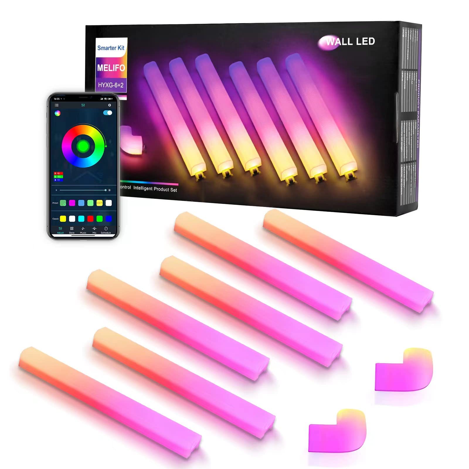 MELIFO Glide FRGBIC Wall Lights - Smart Bluetooth App-Controlled LED Wall Sconces with Music Sync (6Pcs+2Corners) for Bedroom, Party, Karaoke & Home Decor Lighting