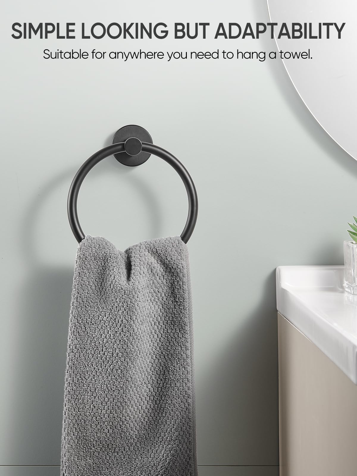 Matte Black Towel Ring - Wall Mounted Hand Towel Holder for Bathroom, Kitchen & RV - Durable Space Aluminum Round Towel Rack - Perfect for Small Spaces & Modern Home Decor