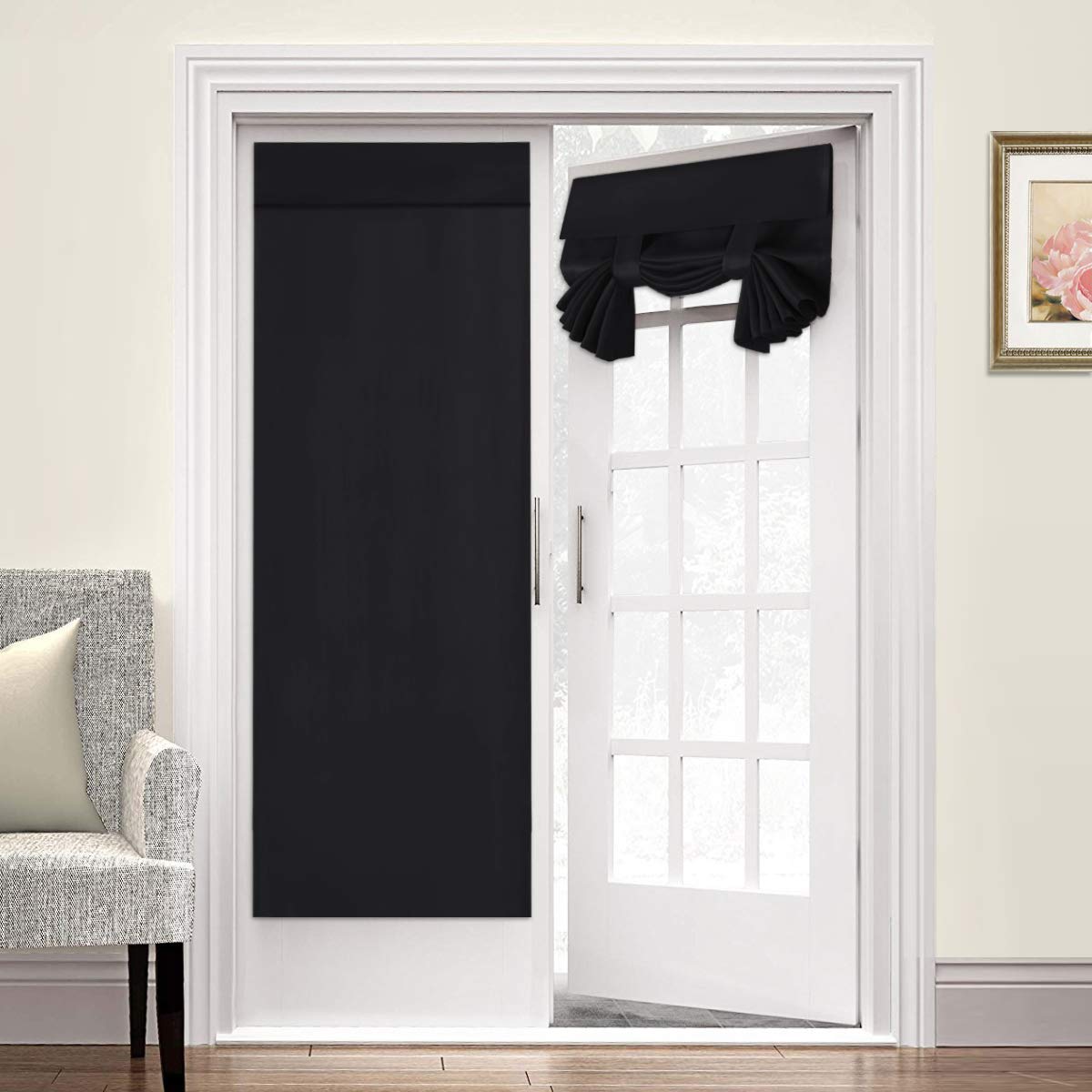 Blackout French Door Curtains 26x68 Inch - Thermal Insulated Room Darkening Curtain Panels for Windows & Sidelights, Privacy Tie-Up Shades (2 Panels, Black) - Perfect for Living Room, Bedroom & Front Door Decor