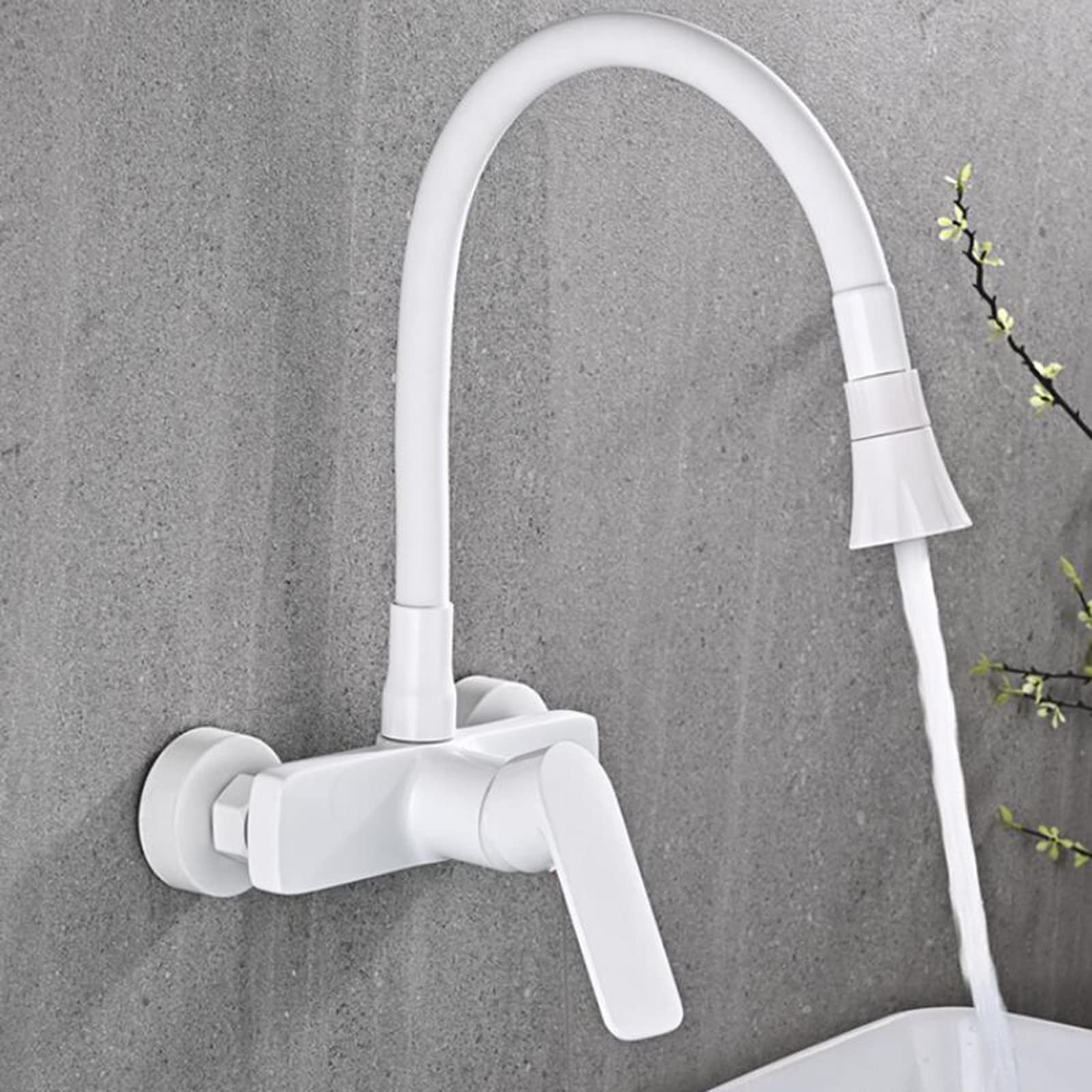 Wall Mount Kitchen Faucet with Brass Showerhead - Hot/Cold Water Swivel Sink Faucet in White | Perfect for Small Kitchens, RV Bathrooms & Outdoor Sinks