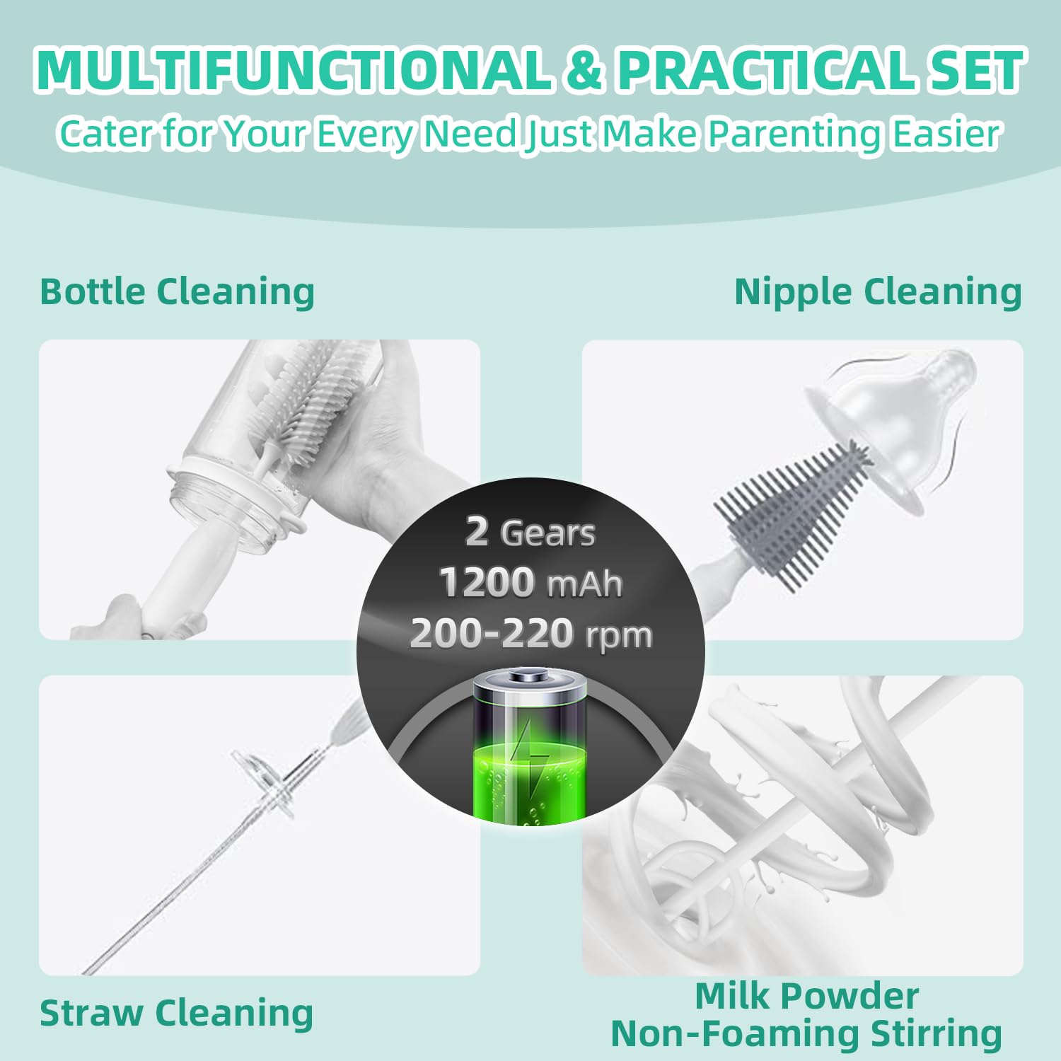 Electric Baby Bottle Brush Set - Silicone Bottle, Pacifier & Straw Cleaner with Mixing Head, 360° Rotation & 2 Speed Modes - Includes Drying Rack (Green) - Perfect for Cleaning Baby Bottles, Sippy Cups & Breast Pump Parts