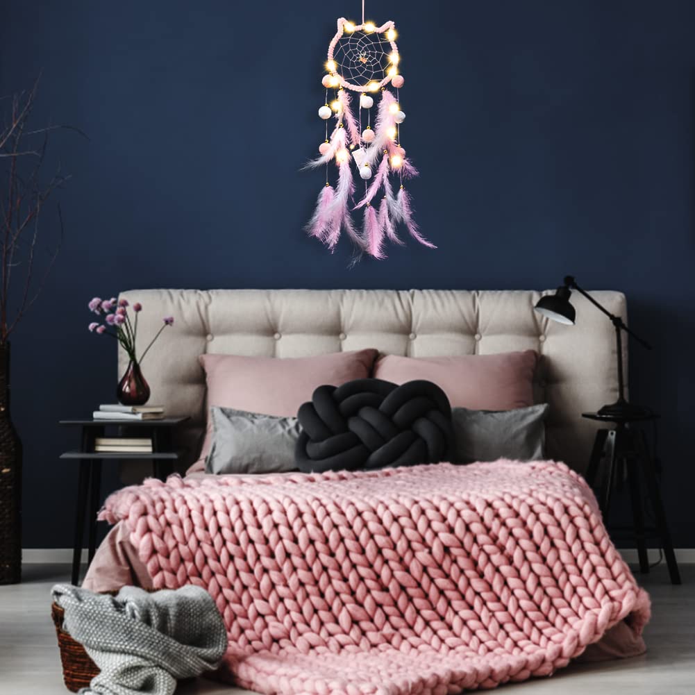 LED Light Up Feather Dream Catcher - Cat Shaped Night Light with Fairy Lights for Bedroom Decor, Kids Room, Nursery, Boho Home Ornament - Perfect Gift for Girls, Boys, Teens & Adults (Use as Wall Decor, Night Light or Spiritual Gift)