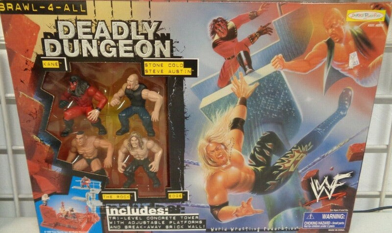 Vintage 1999 WWF Jakks Pacific Brawl 4 All Deadly Dungeon Action Figure Set - Kane, Stone Cold Steve Austin, The Rock & Edge - Collectible Wrestling Toys for Display & Play