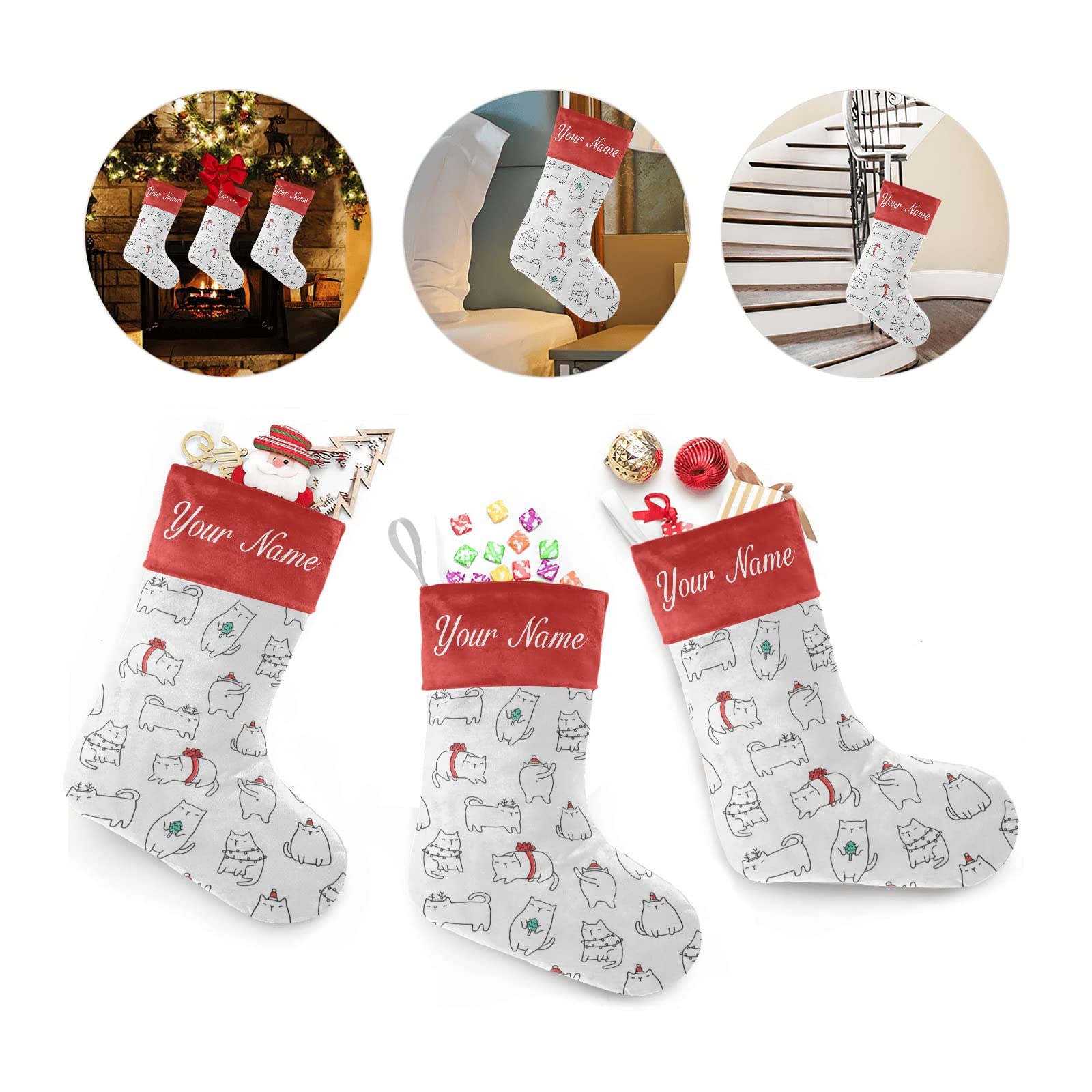 Personalized Christmas Cat Stockings - Custom Name Holiday Socks for Family, Party & Home Decor (17.52 x 7.87 Inch) - Perfect for Fireplace Mantel, Gift Exchange & Festive Holiday Decorations