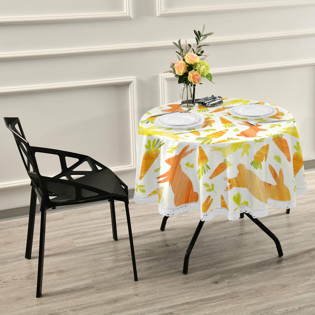 Wamika Easter Bunnies & Carrots Round Tablecloth - 60 Inch Spring Floral Lace Table Cover with Roses, Washable Polyester for Dining Decor | Perfect for Holiday Parties, Weddings, Picnics & Easter Celebrations